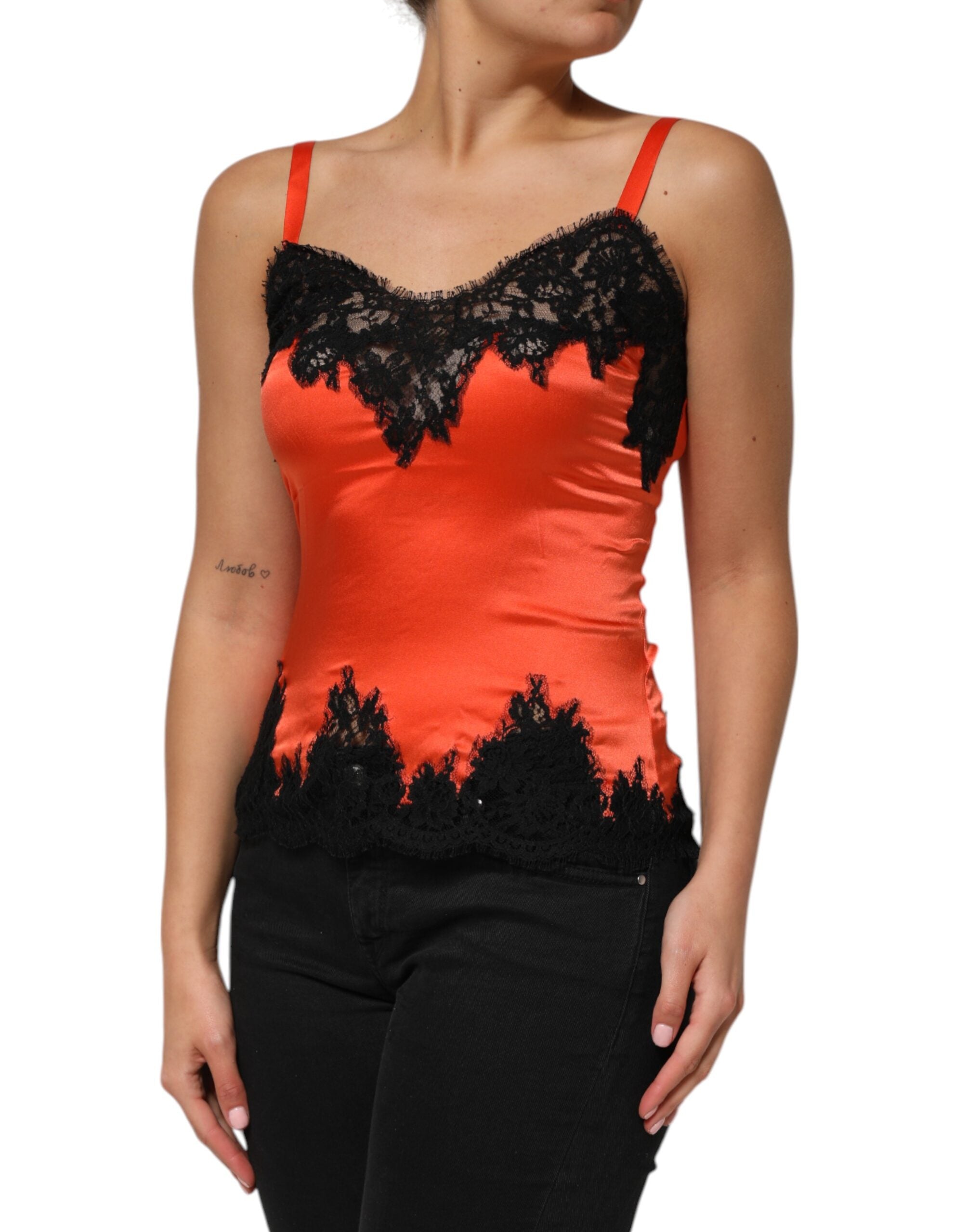 Top de seda sin mangas con ribete de encaje rojo y negro de Dolce & Gabbana-3