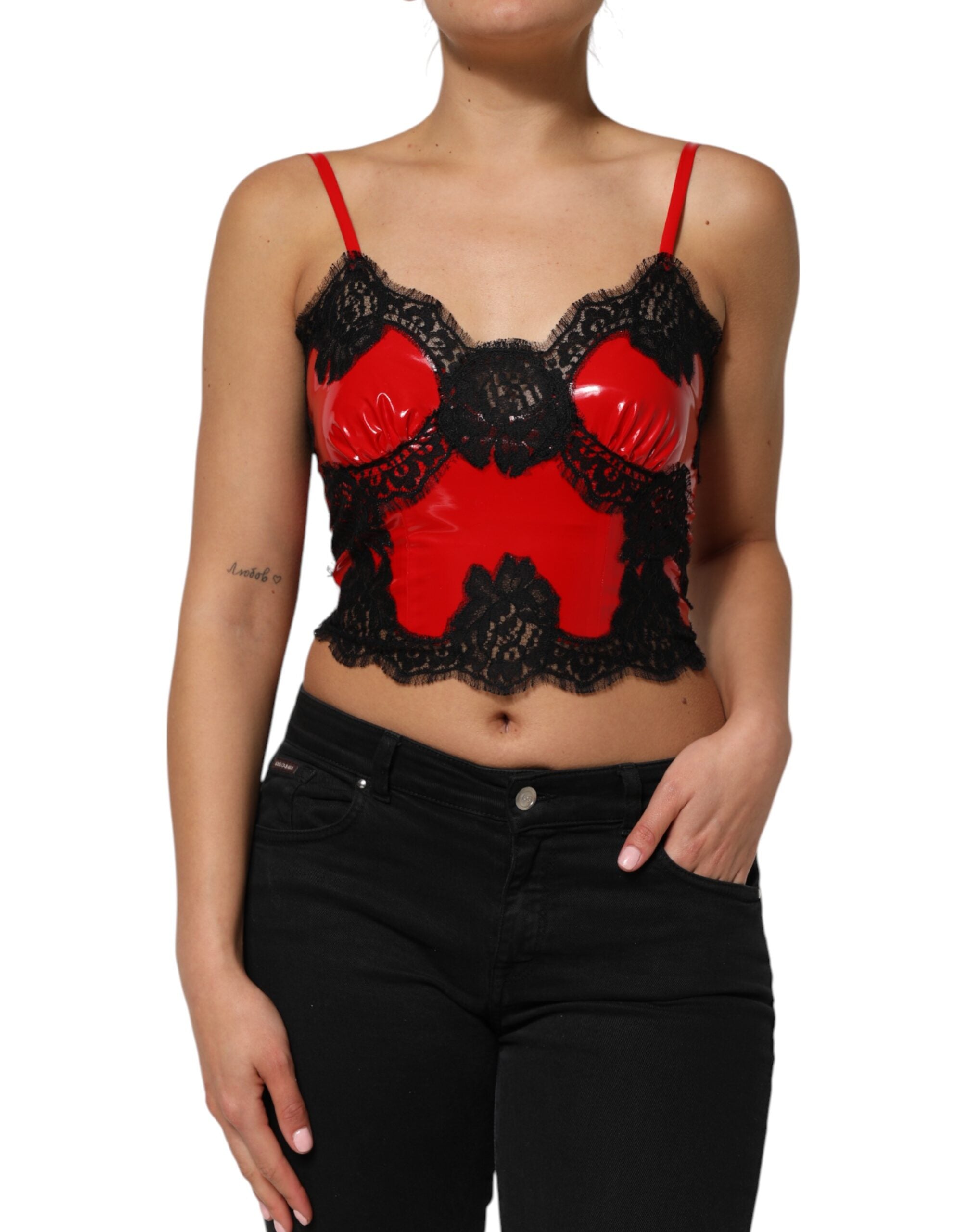 Dolce & Gabbana Red and black lace-trimmed sleeveless polyester tank top-2
