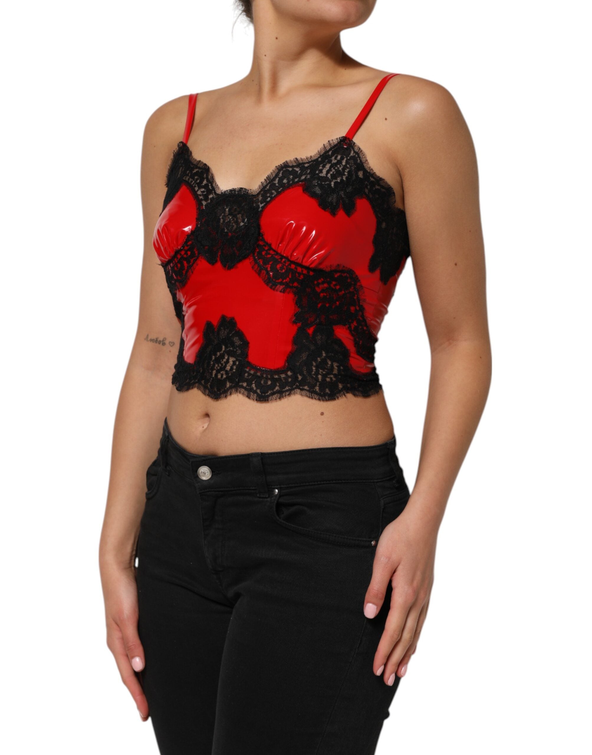 Dolce & Gabbana Red and black lace-trimmed sleeveless polyester tank top-3