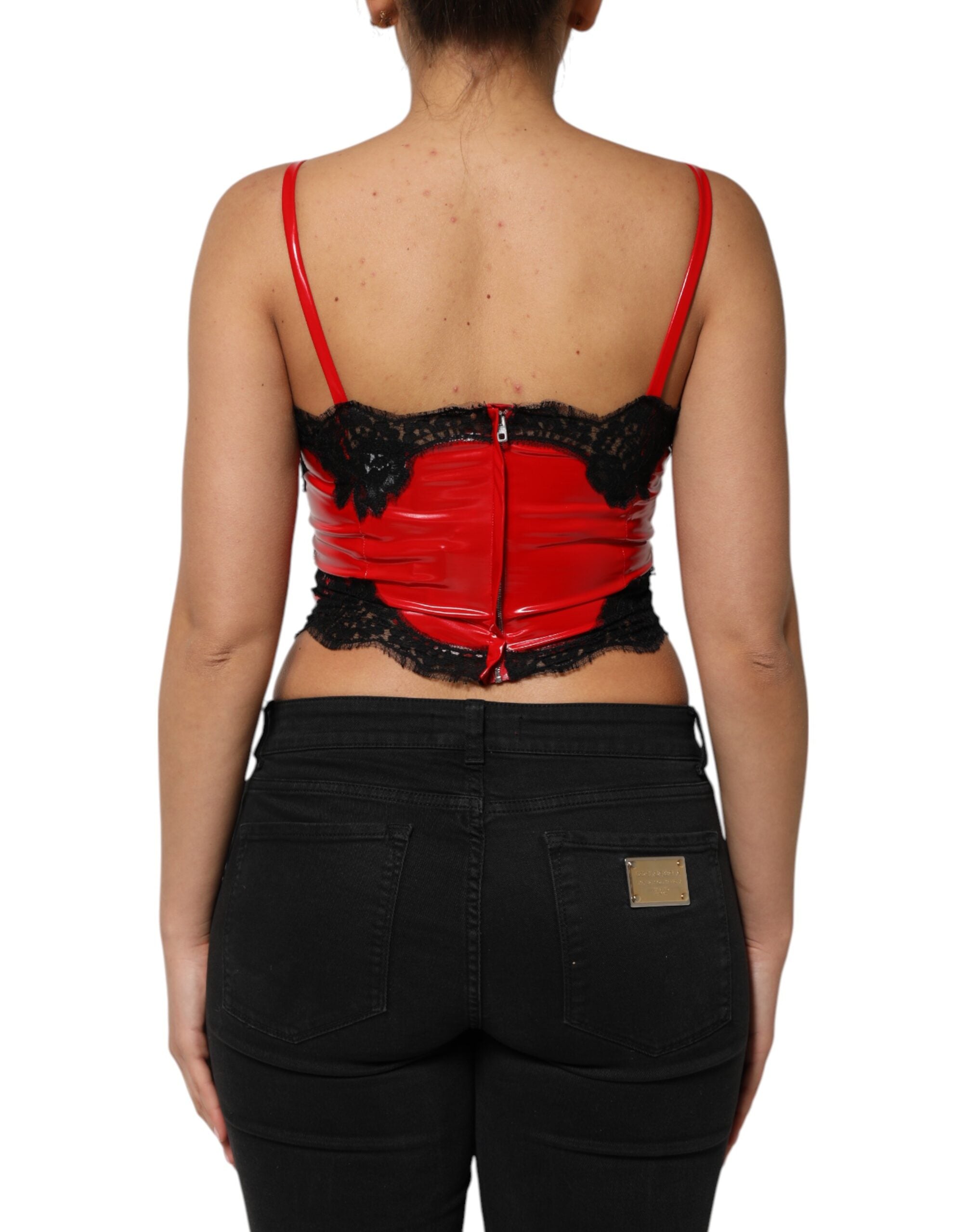 Dolce & Gabbana Red and black lace-trimmed sleeveless polyester tank top-4