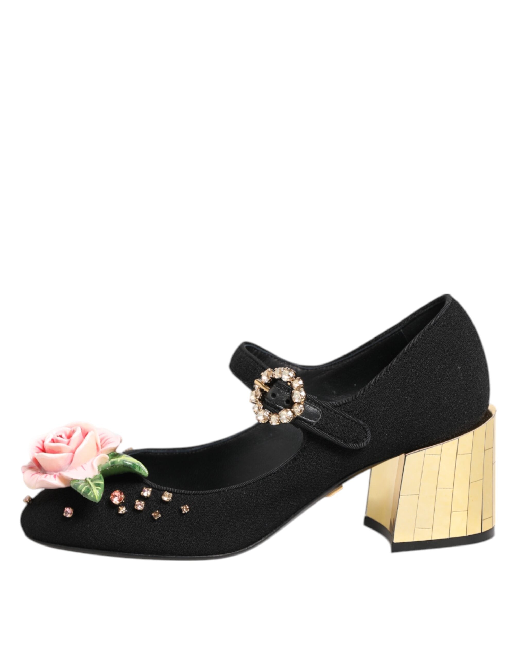 Dolce & Gabbana Black Flower Crystal Embellished Mary Jane Shoes-6