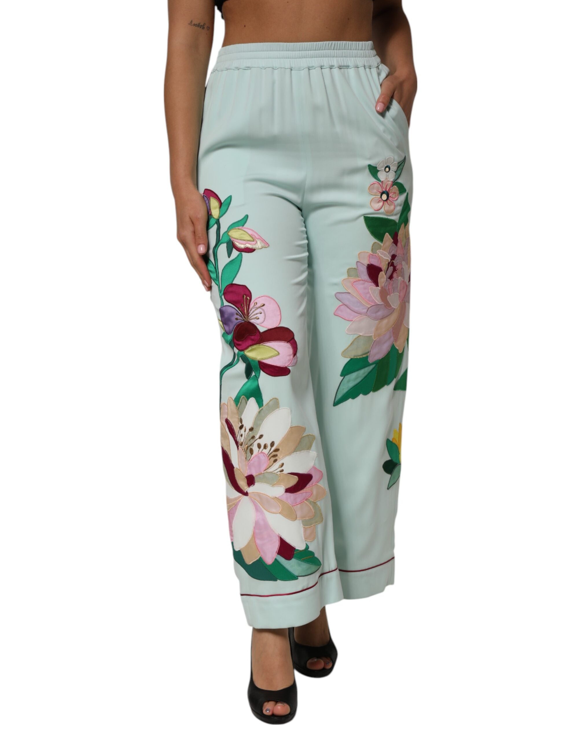 Dolce & Gabbana green floral straight pajama pants with garter belt-2