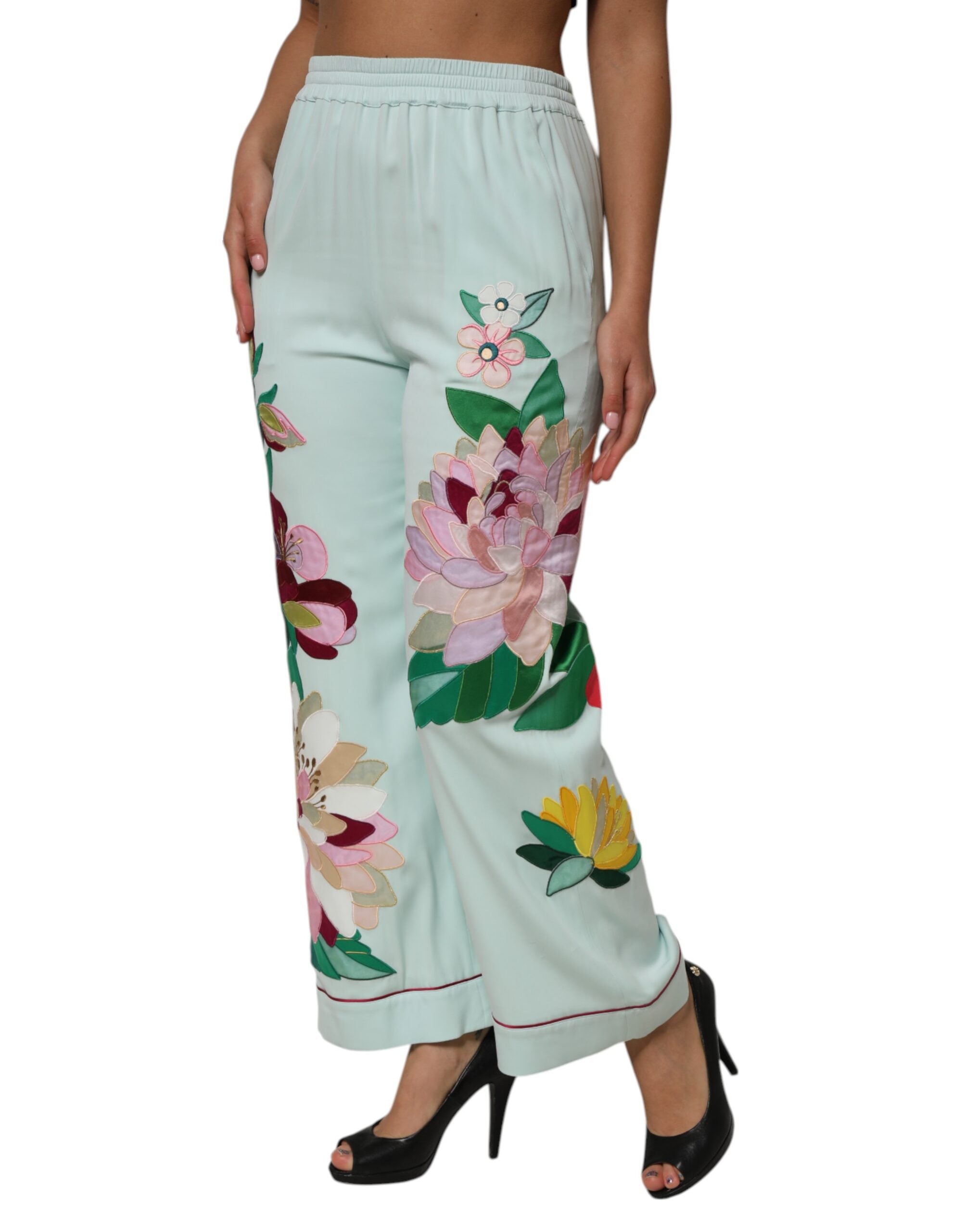 Dolce & Gabbana green floral straight pajama pants with garter belt-3