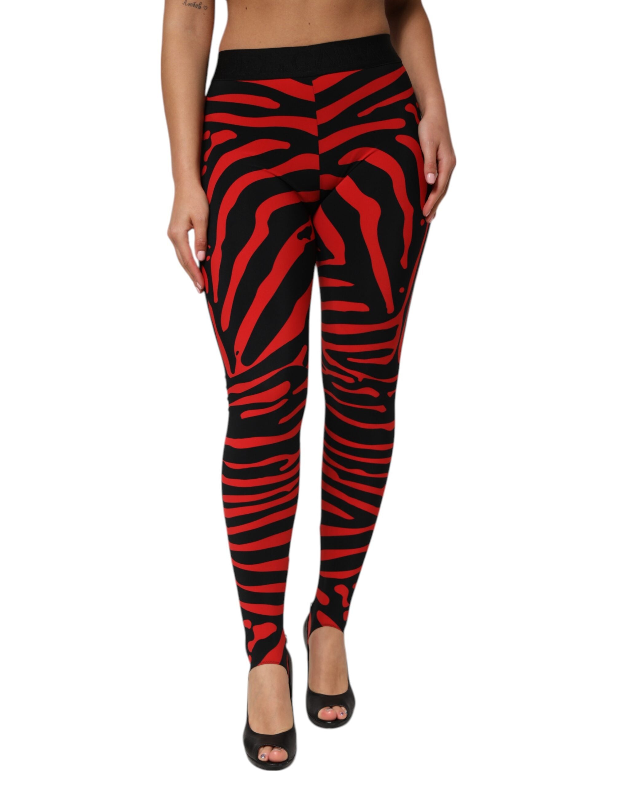 Dolce & Gabbana Schwarzes rotes Nylon Logo Taillierte Leggings Hose-2