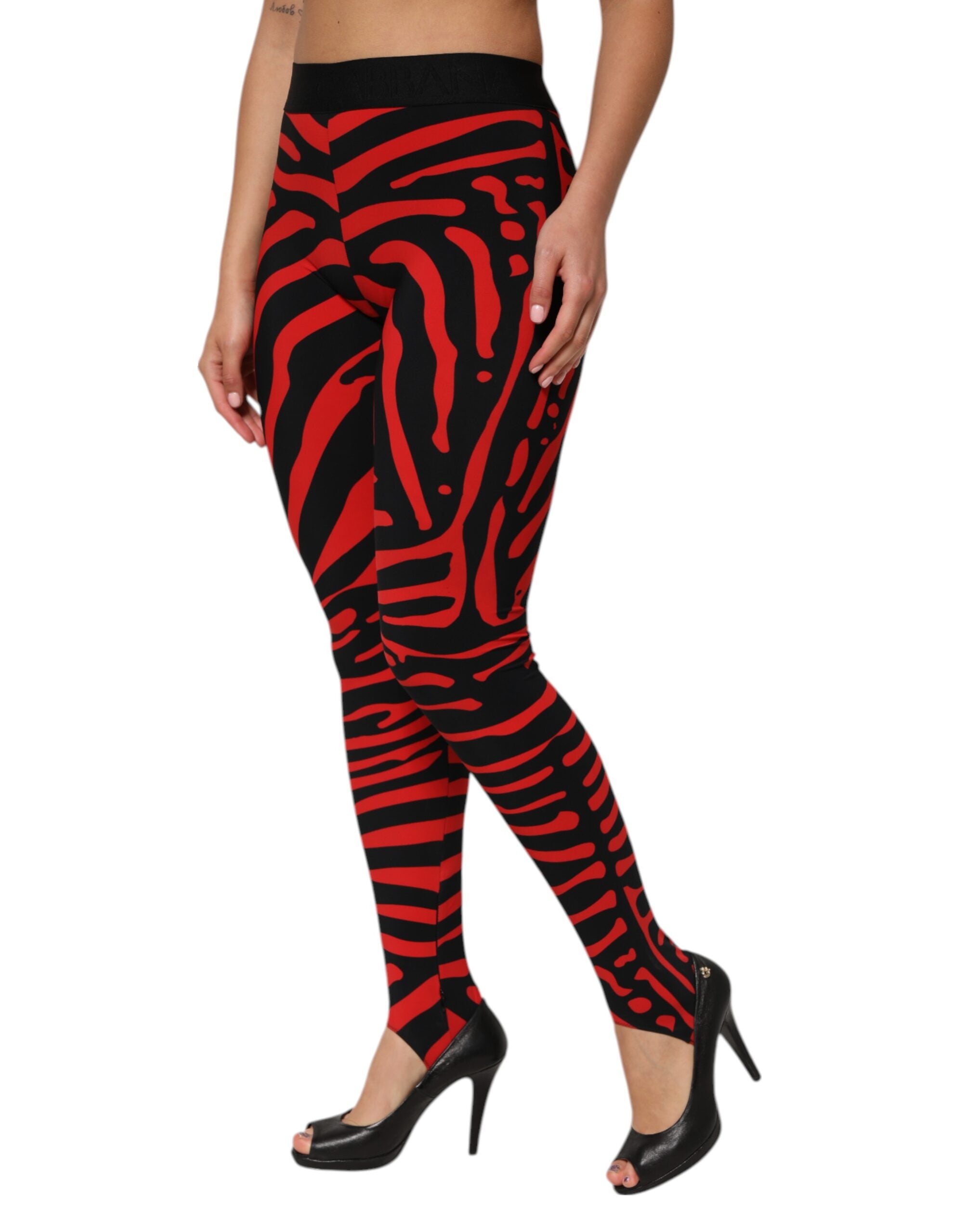 Dolce & Gabbana Schwarzes rotes Nylon Logo Taillierte Leggings Hose-3