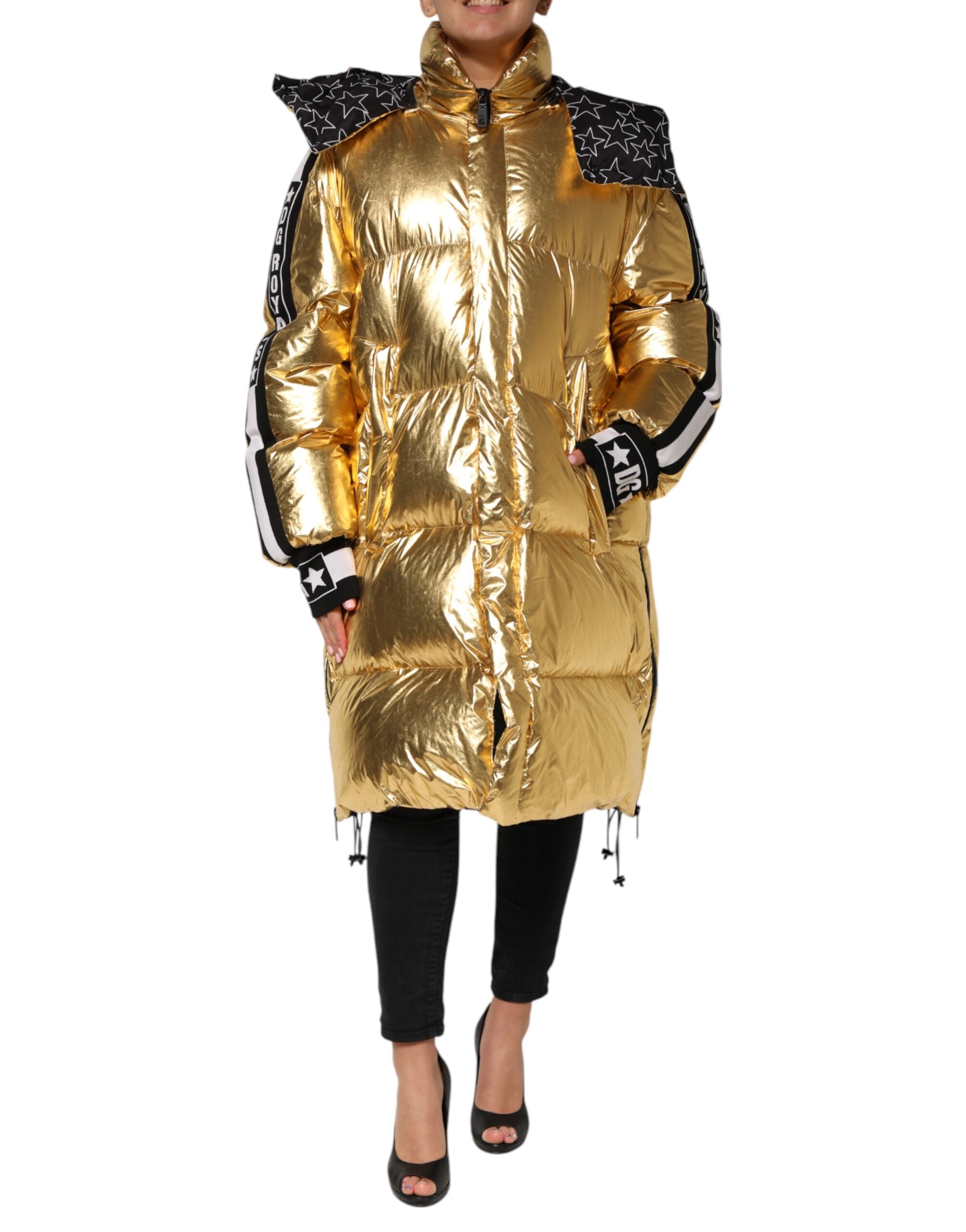 Dolce & Gabbana Gold Hooded Puffer Quilted Jacket with Full Zip