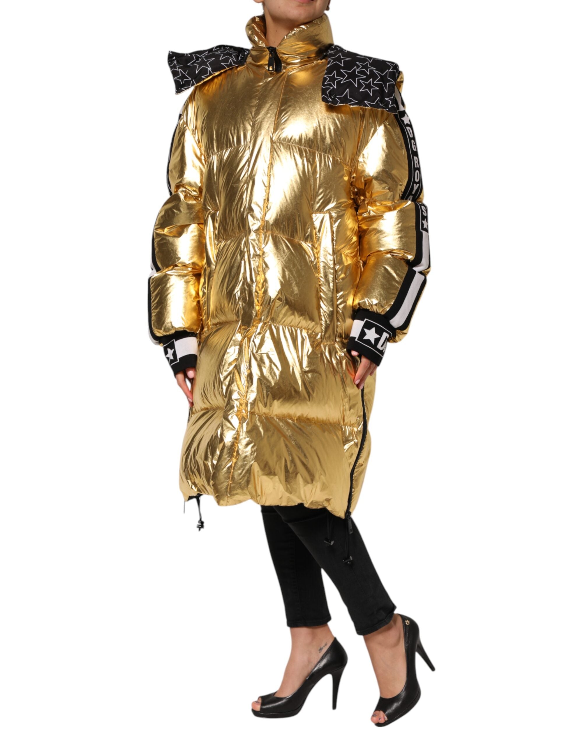 Dolce & Gabbana Gold Hooded Puffer Quilted Jacket with Full Zip-3