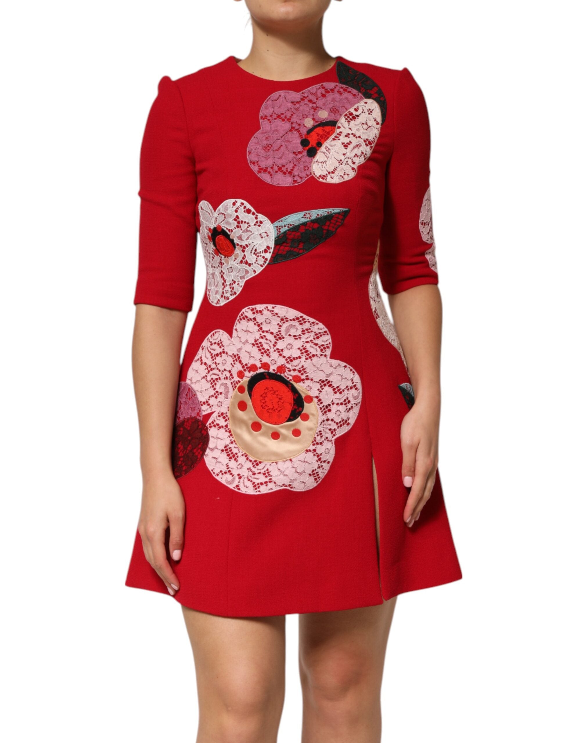 Dolce & Gabbana red mini dress with floral lace appliqués and A-line silhouette-2