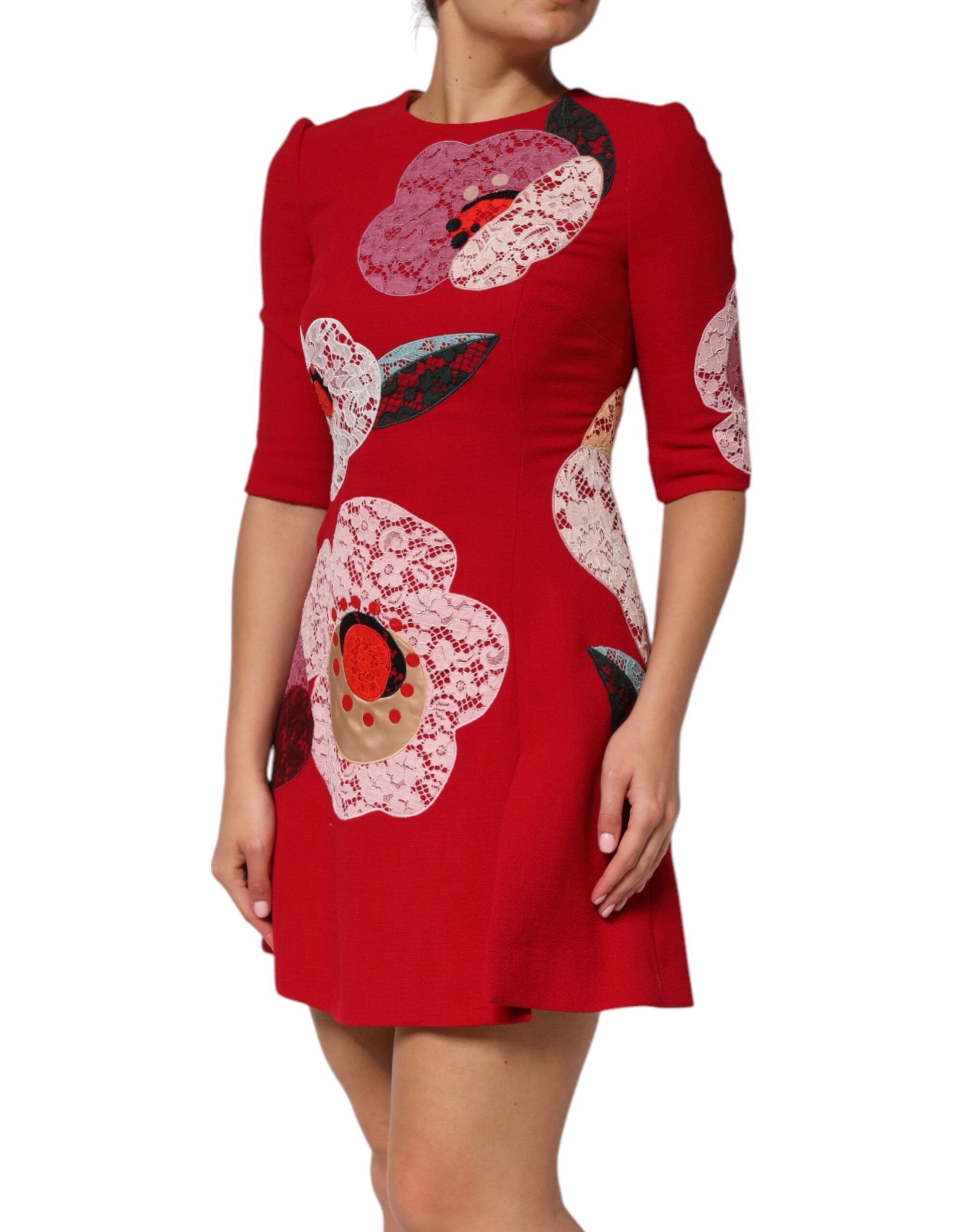 Dolce & Gabbana red mini dress with floral lace appliqués and A-line silhouette-3