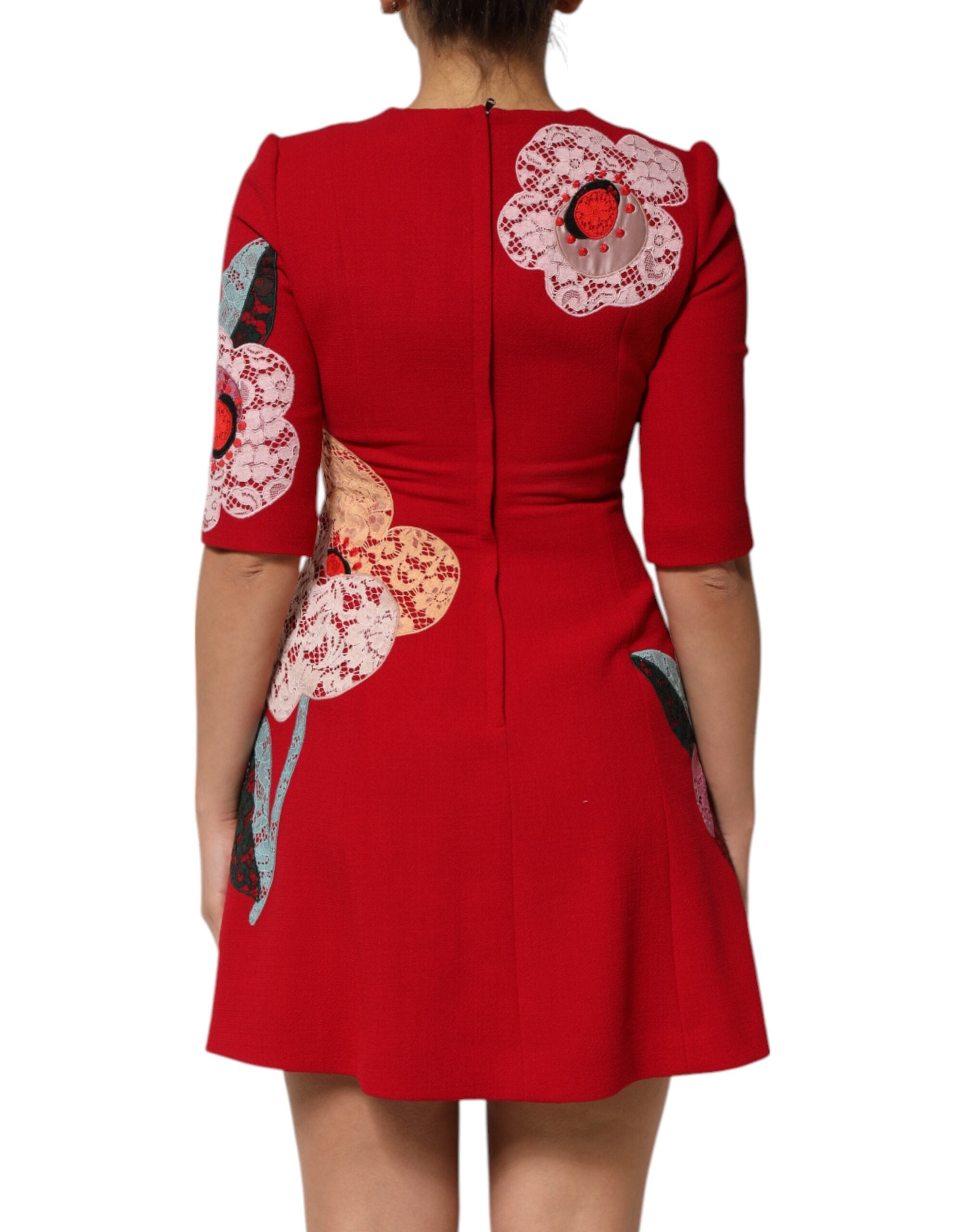 Dolce & Gabbana red mini dress with floral lace appliqués and A-line silhouette-4