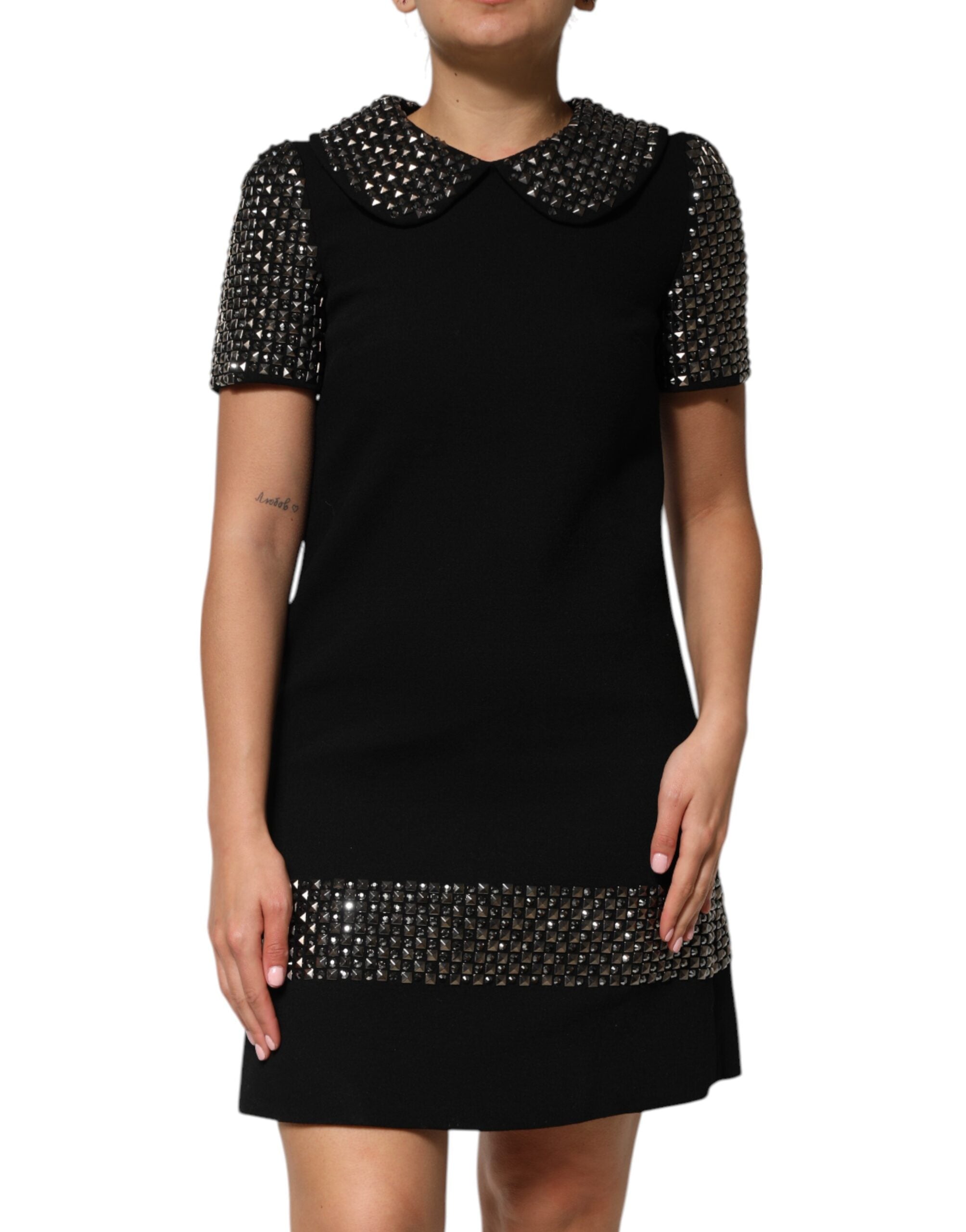 Dolce & Gabbana Schwarzes kristallverziertes Minikleid mit Kragen-1