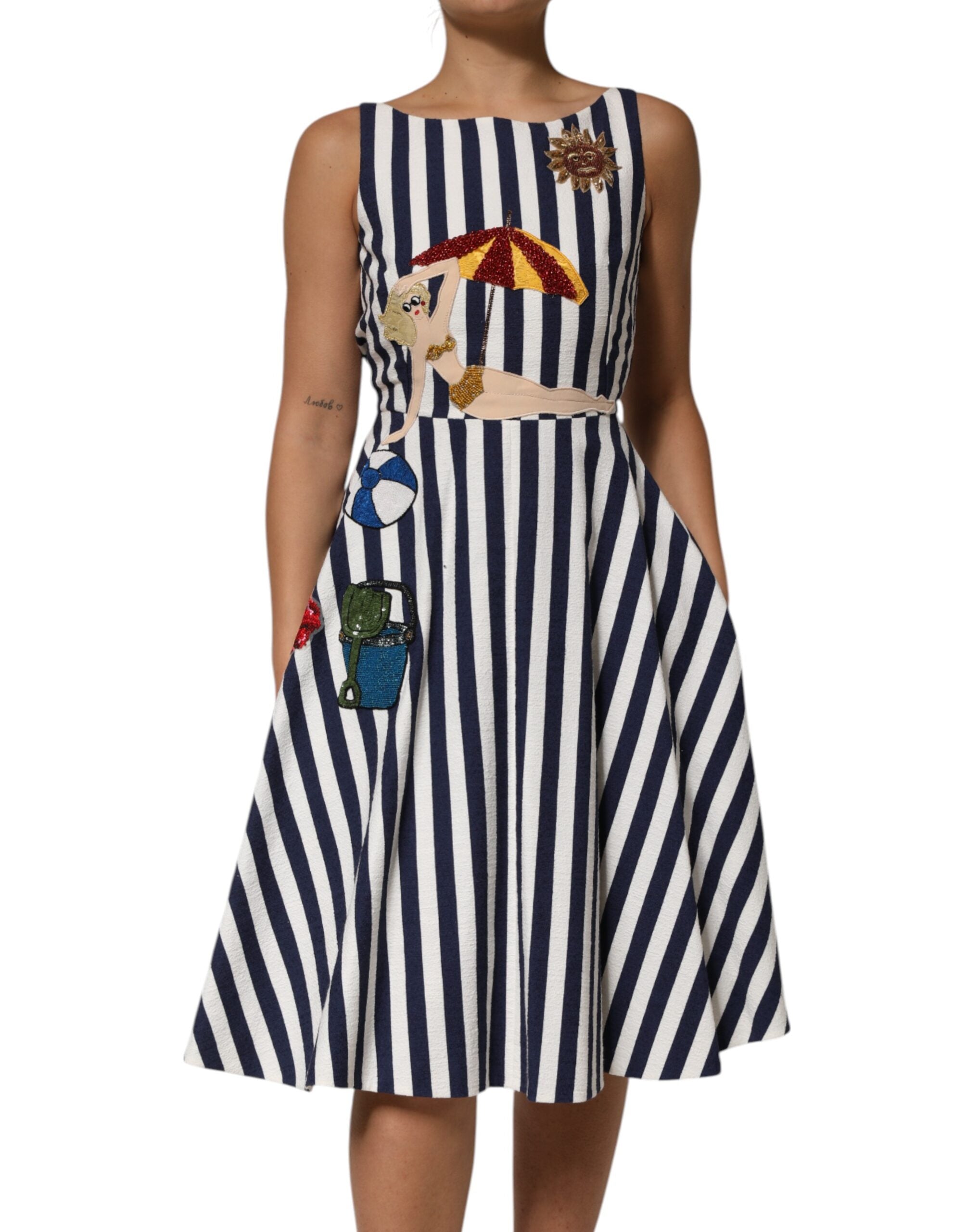 Dolce & Gabbana blue and white striped embroidered A-line dress-1