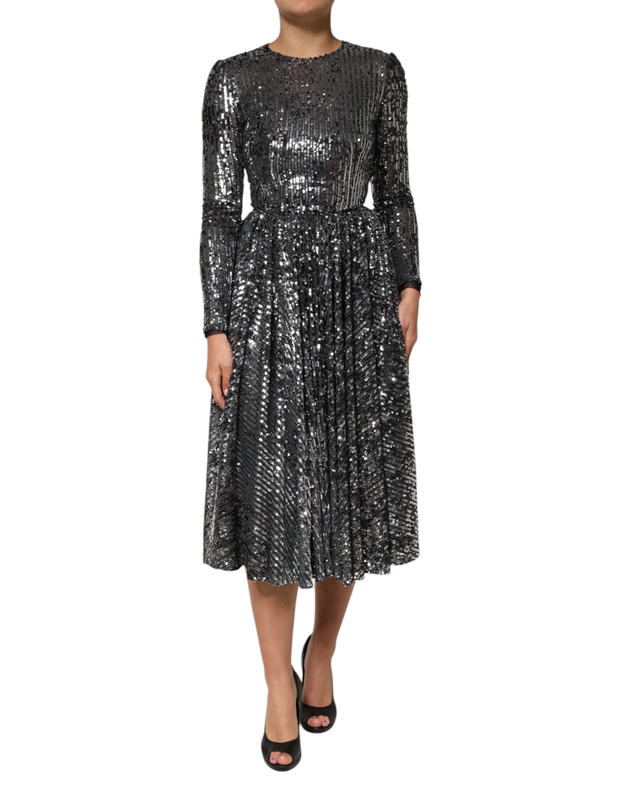 Dolce & Gabbana Black sequined midi dress with long sleeves and A-line silhouette-2