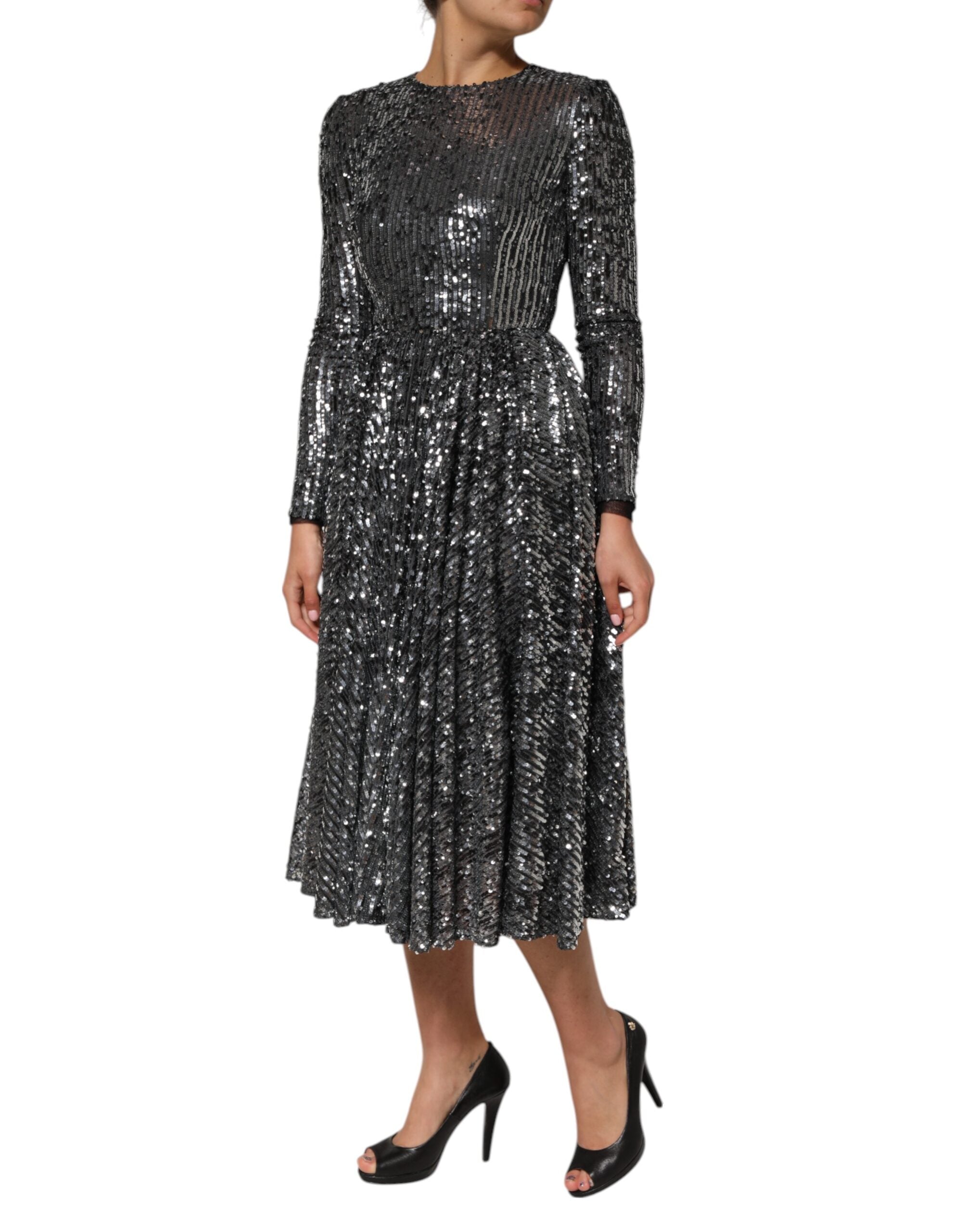 Dolce & Gabbana Black sequined midi dress with long sleeves and A-line silhouette-3