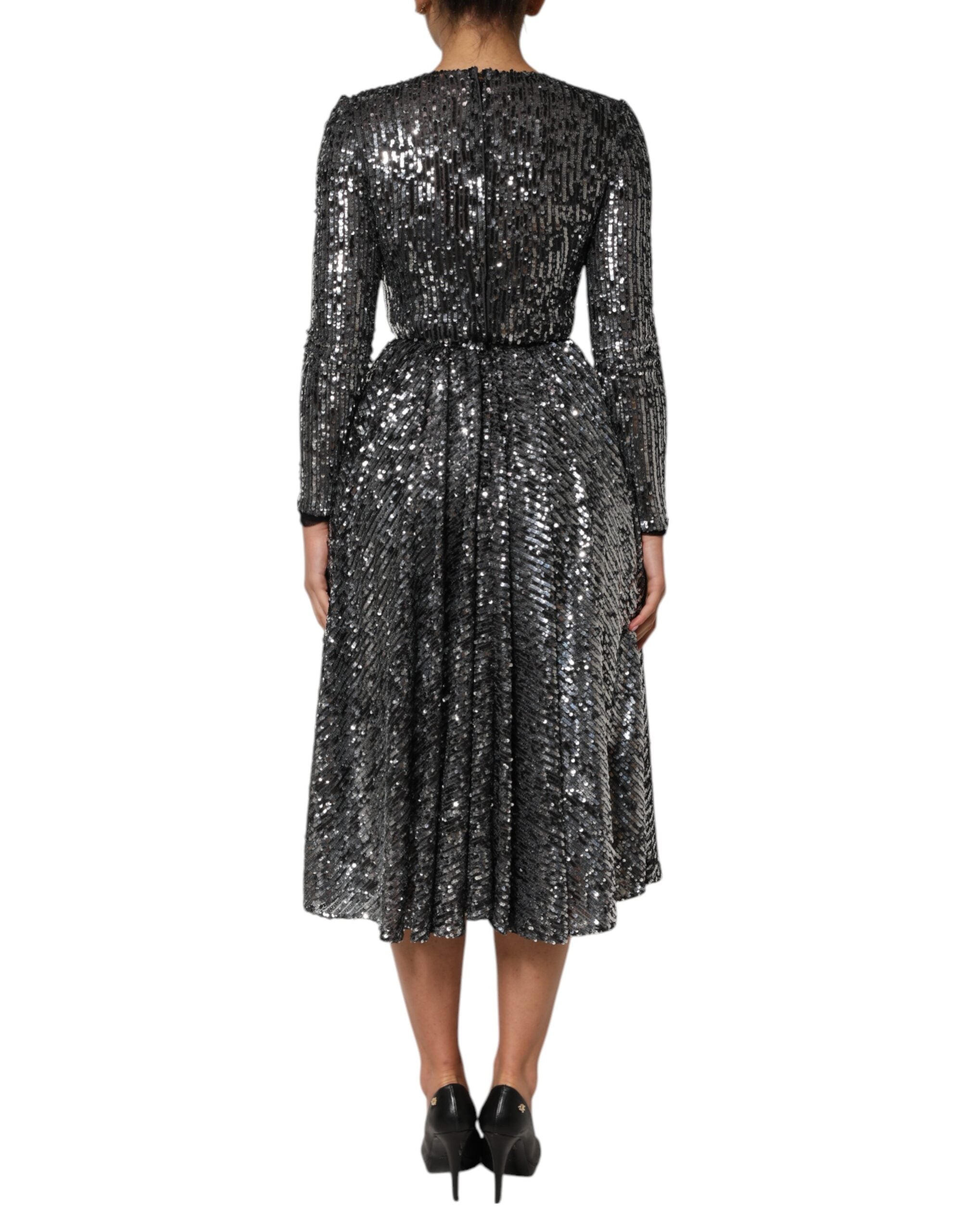 Dolce & Gabbana Black sequined midi dress with long sleeves and A-line silhouette-4