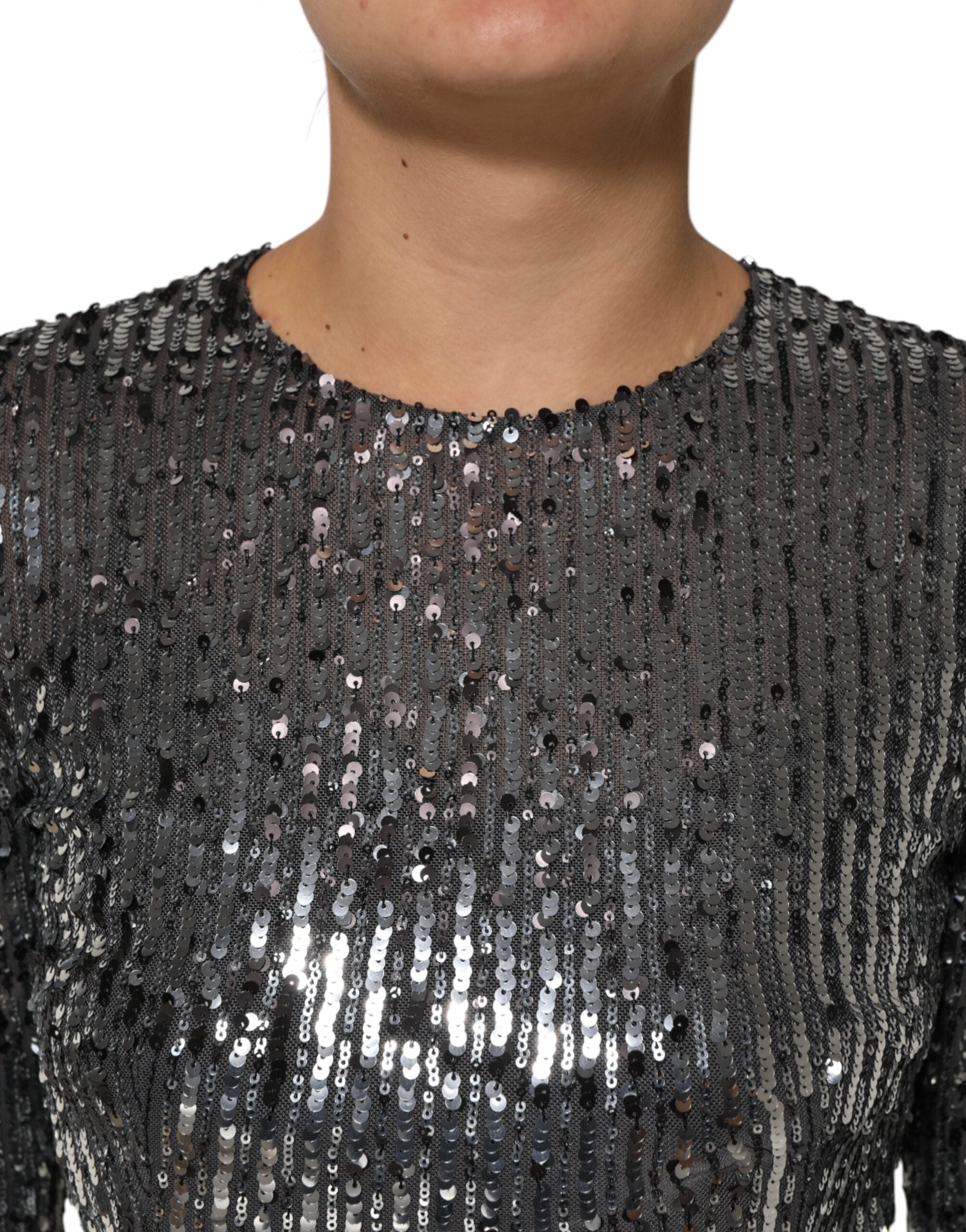 Dolce & Gabbana Black sequined midi dress with long sleeves and A-line silhouette-5