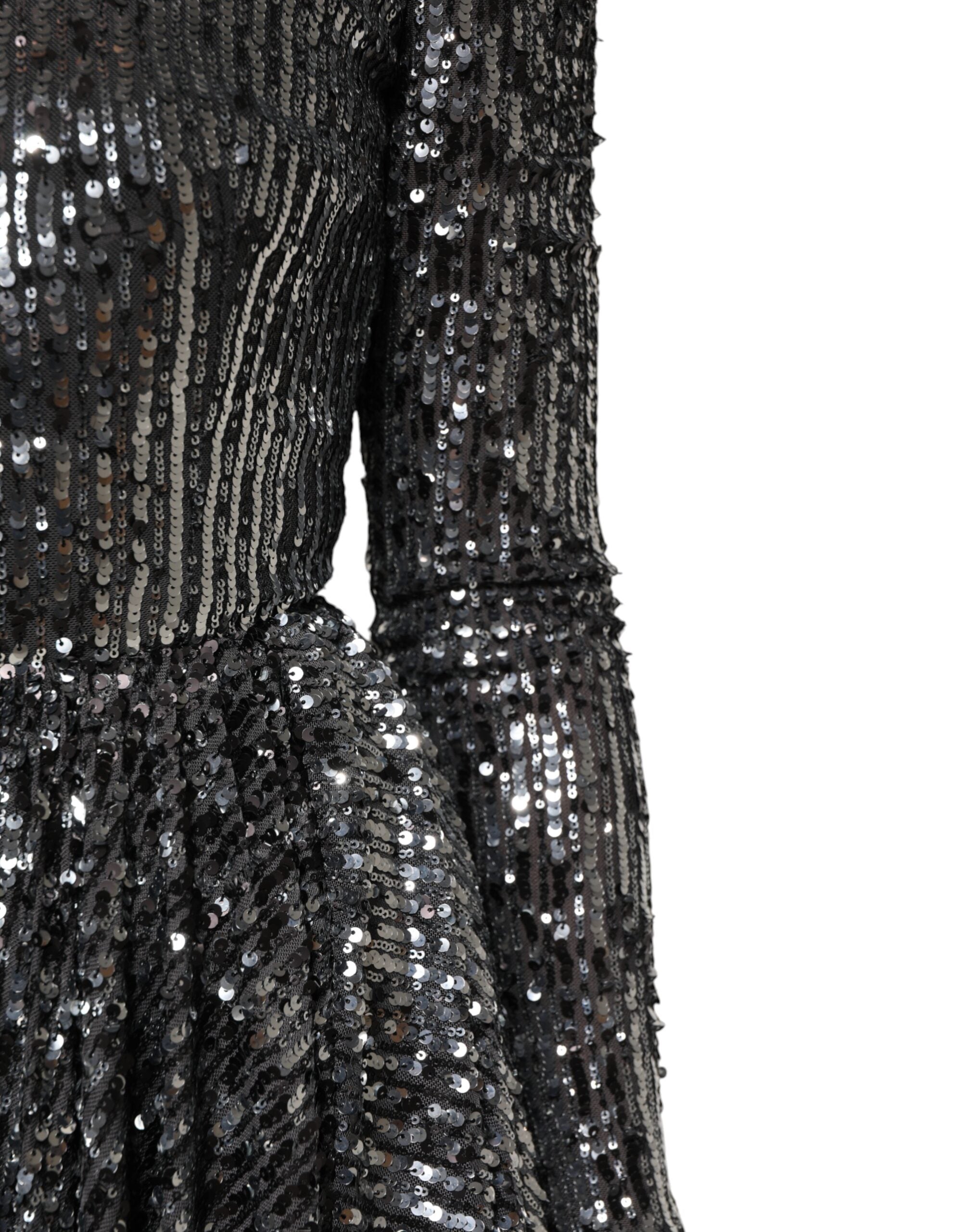 Dolce & Gabbana Black sequined midi dress with long sleeves and A-line silhouette-6