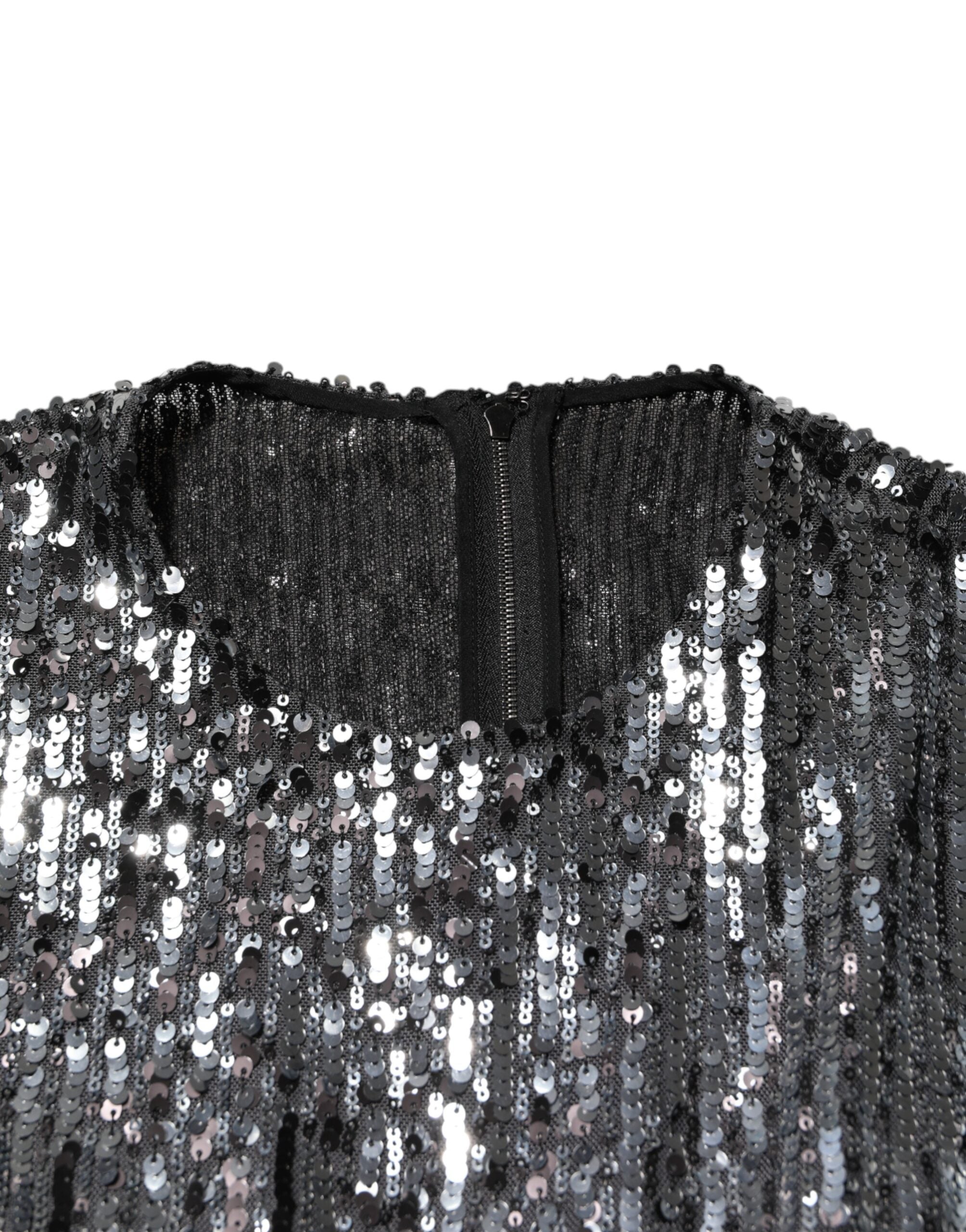 Dolce & Gabbana Black sequined midi dress with long sleeves and A-line silhouette-7