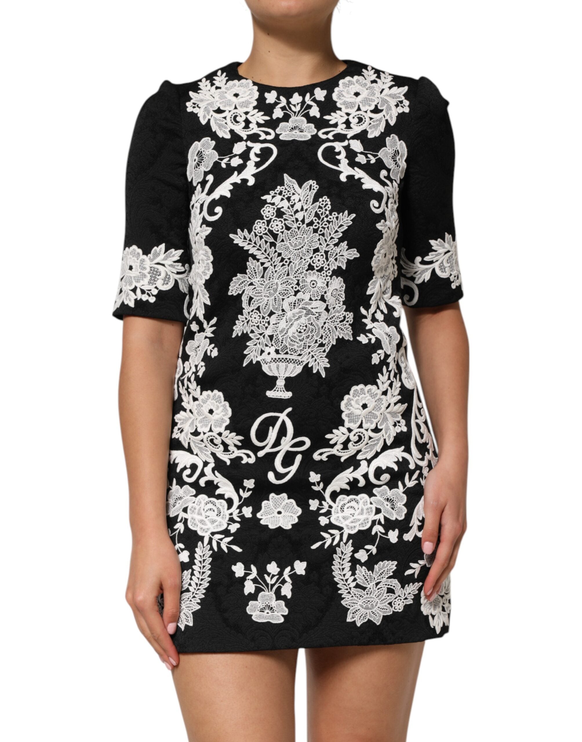 Dolce & Gabbana black A-line dress with short sleeves and lace trim-1
