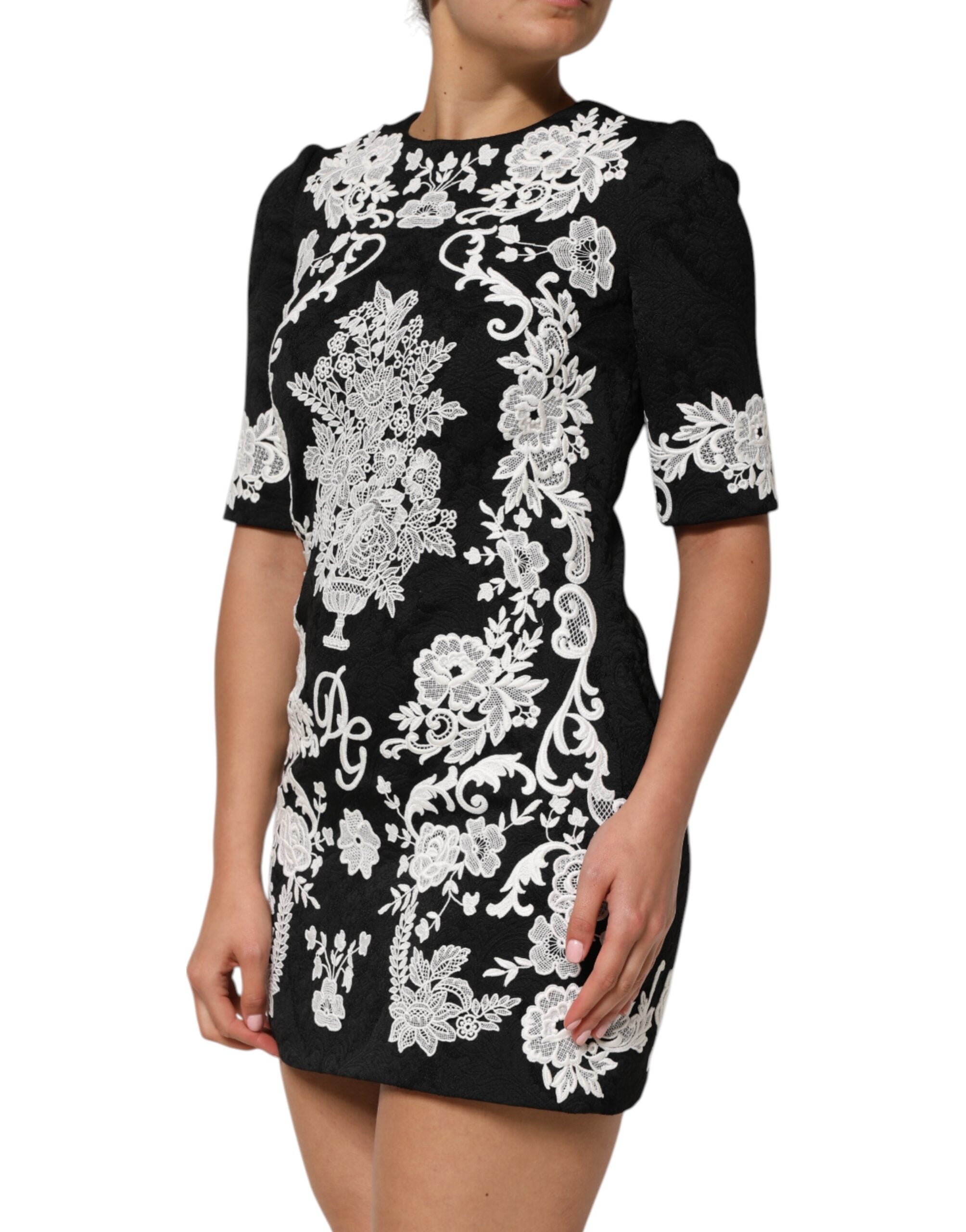 Dolce & Gabbana black A-line dress with short sleeves and lace trim-3