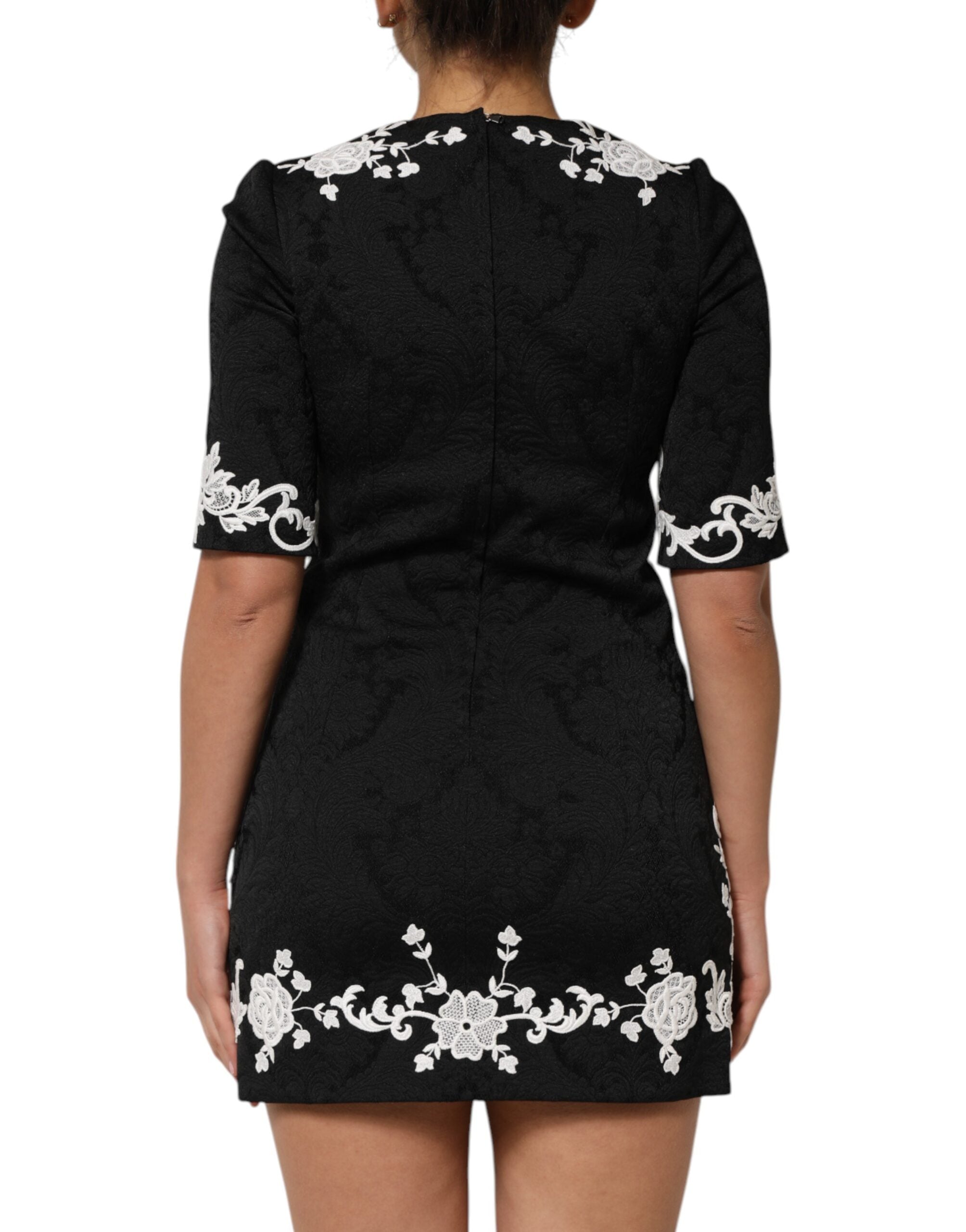 Dolce & Gabbana black A-line dress with short sleeves and lace trim-4