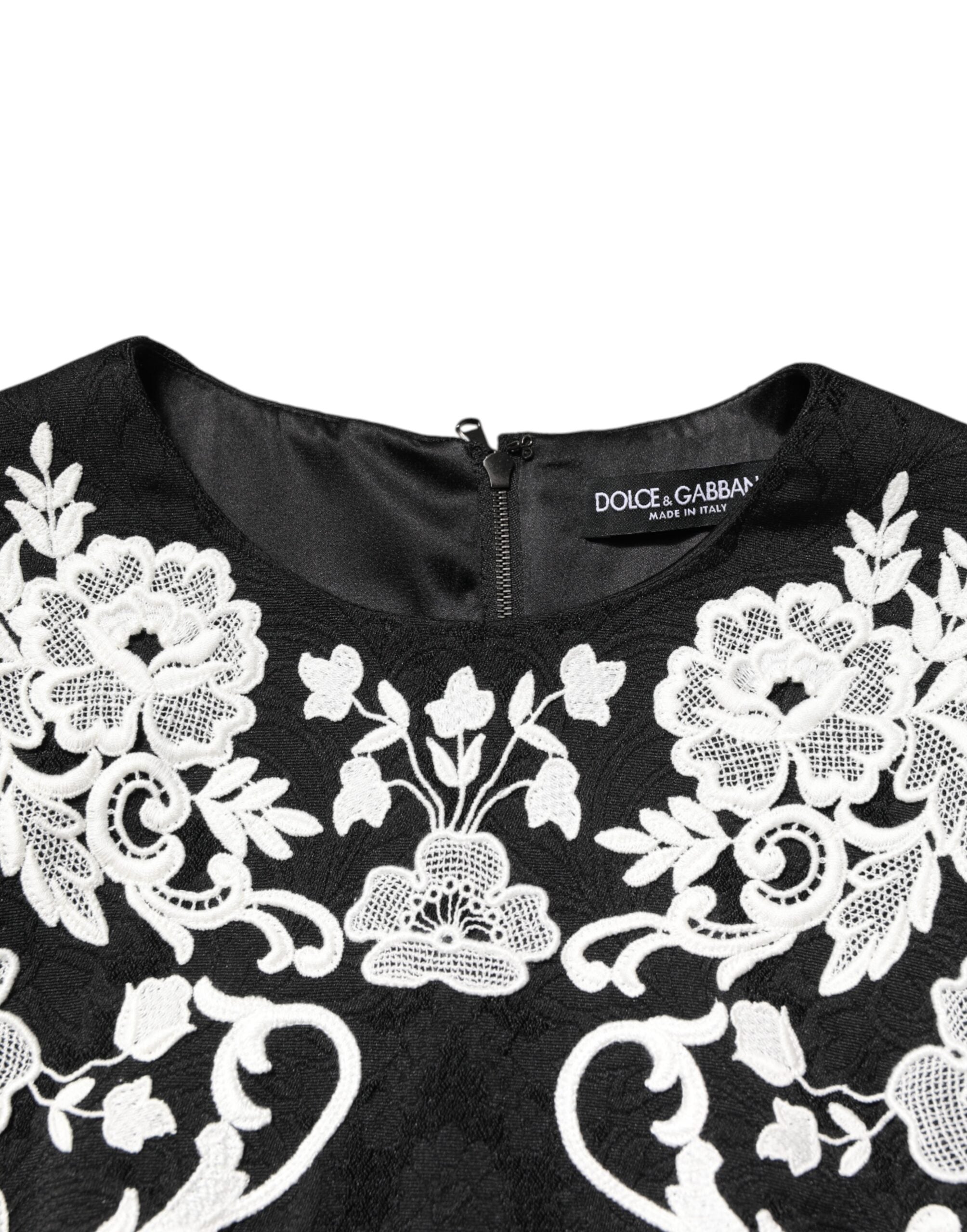 Dolce & Gabbana black A-line dress with short sleeves and lace trim-7