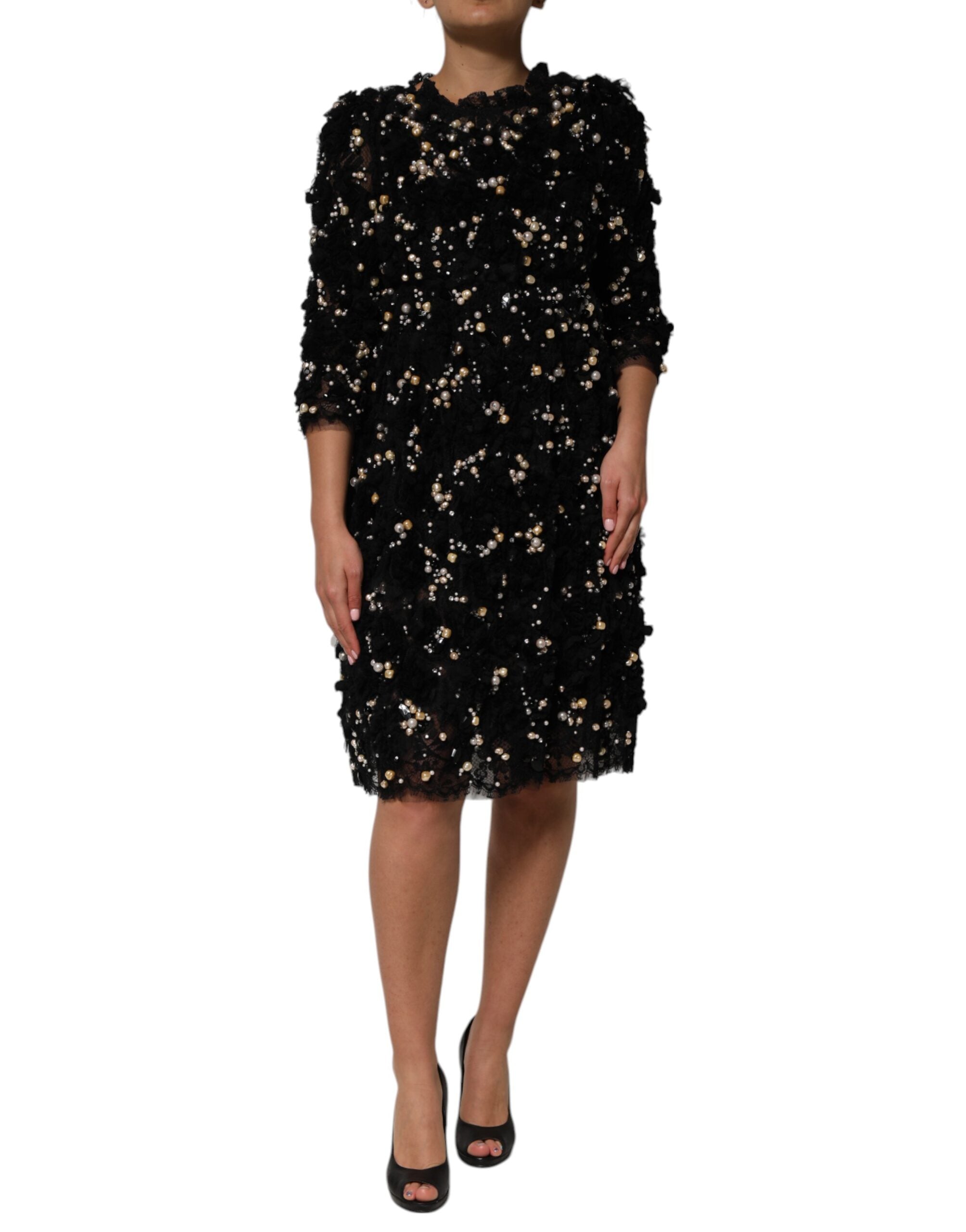 Dolce & Gabbana Black viscose shift dress with pearl embellishment-1