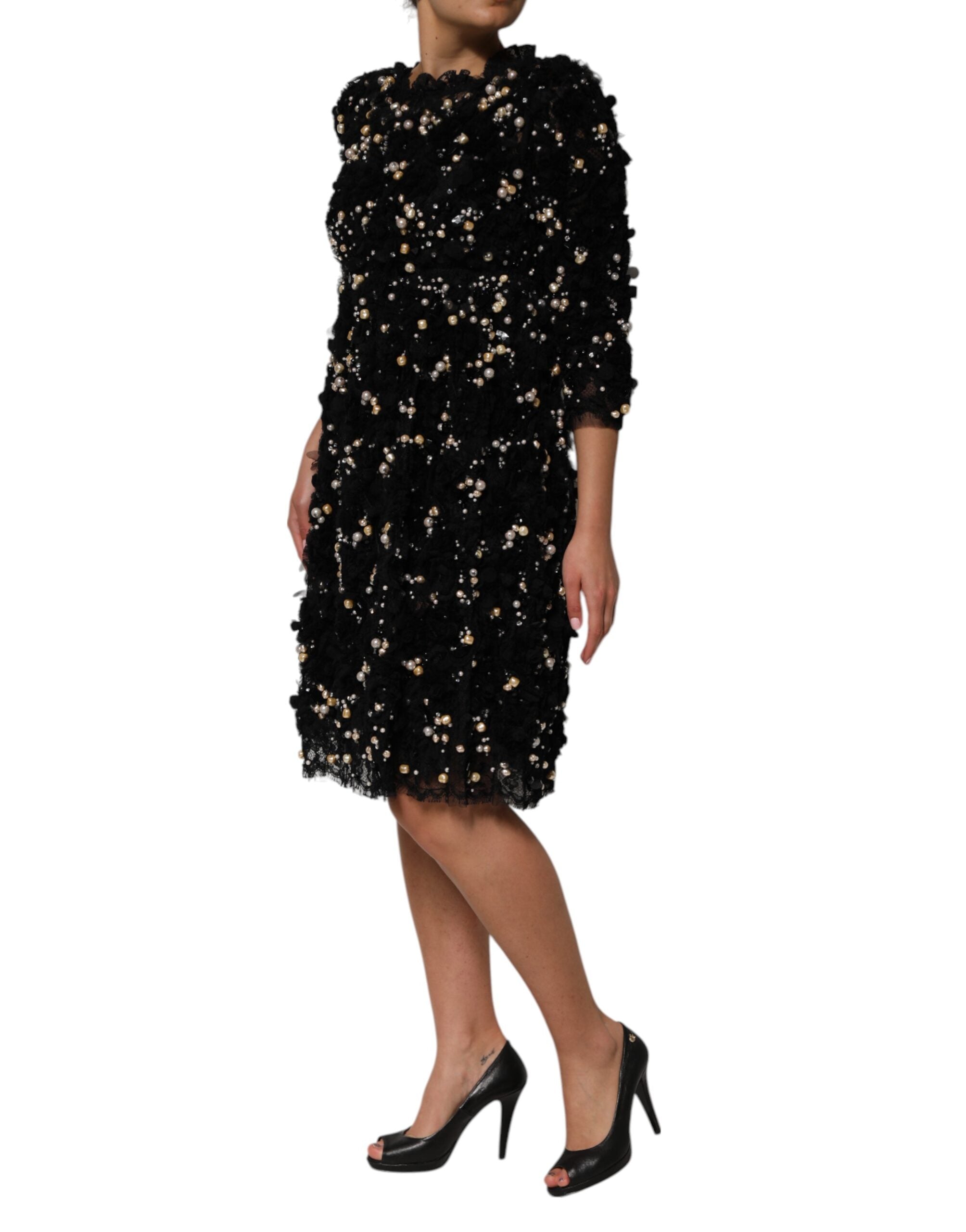 Dolce & Gabbana Black viscose shift dress with pearl embellishment-3