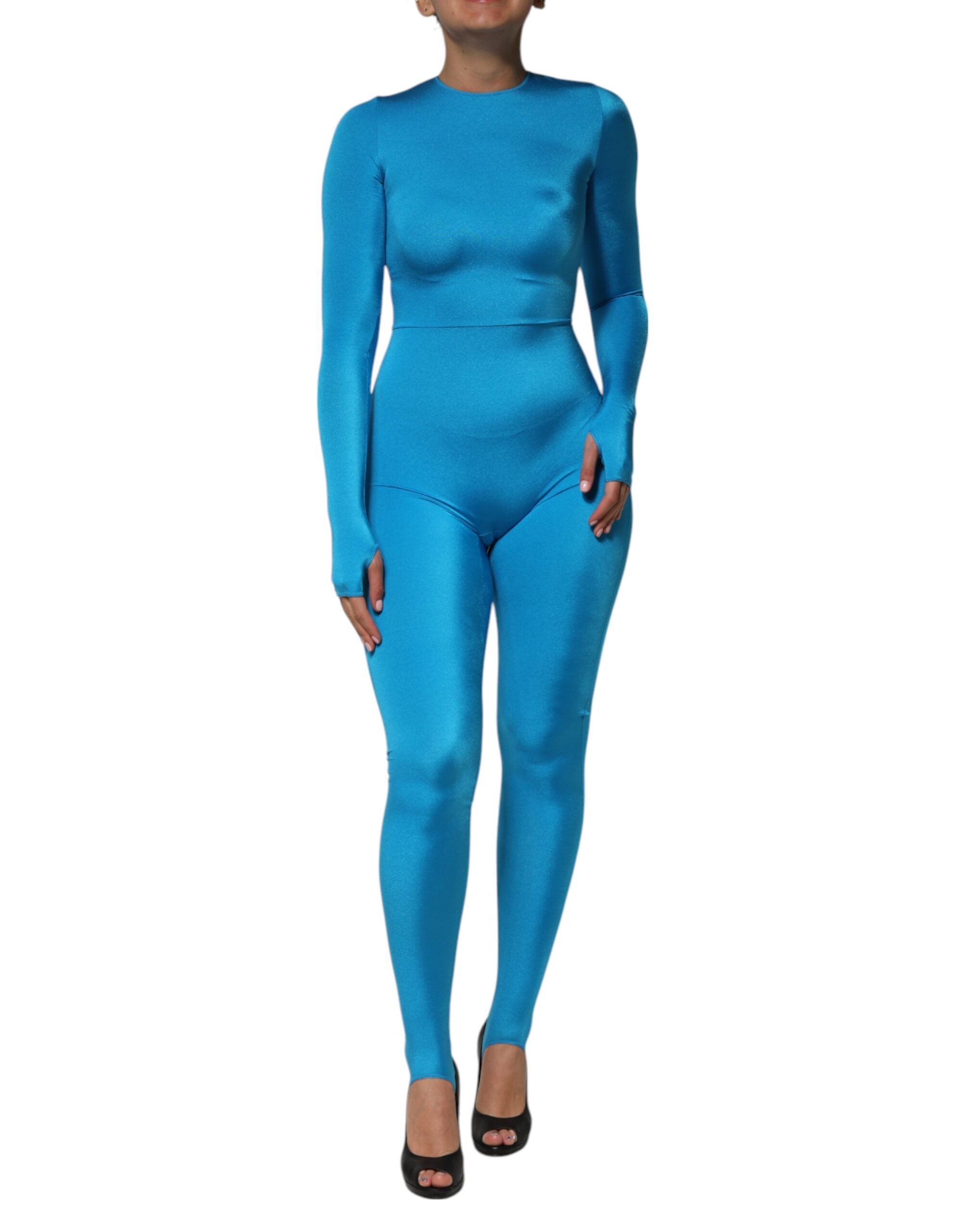 Dolce & Gabbana Blue Nylon Round Neck Bodycon Jumpsuit Dress-1