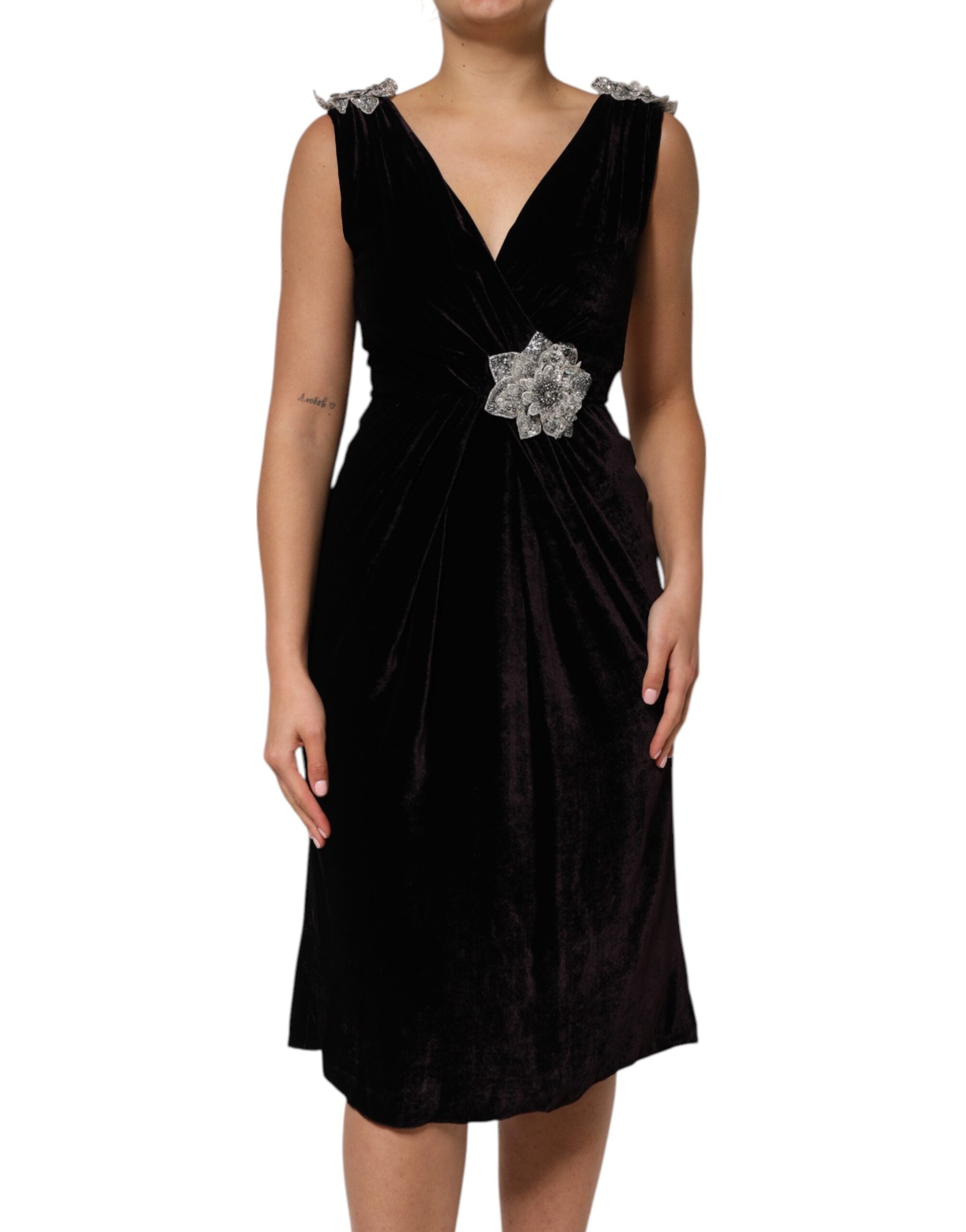 Dolce & Gabbana Black velvet dress with floral embellishment Aline-1