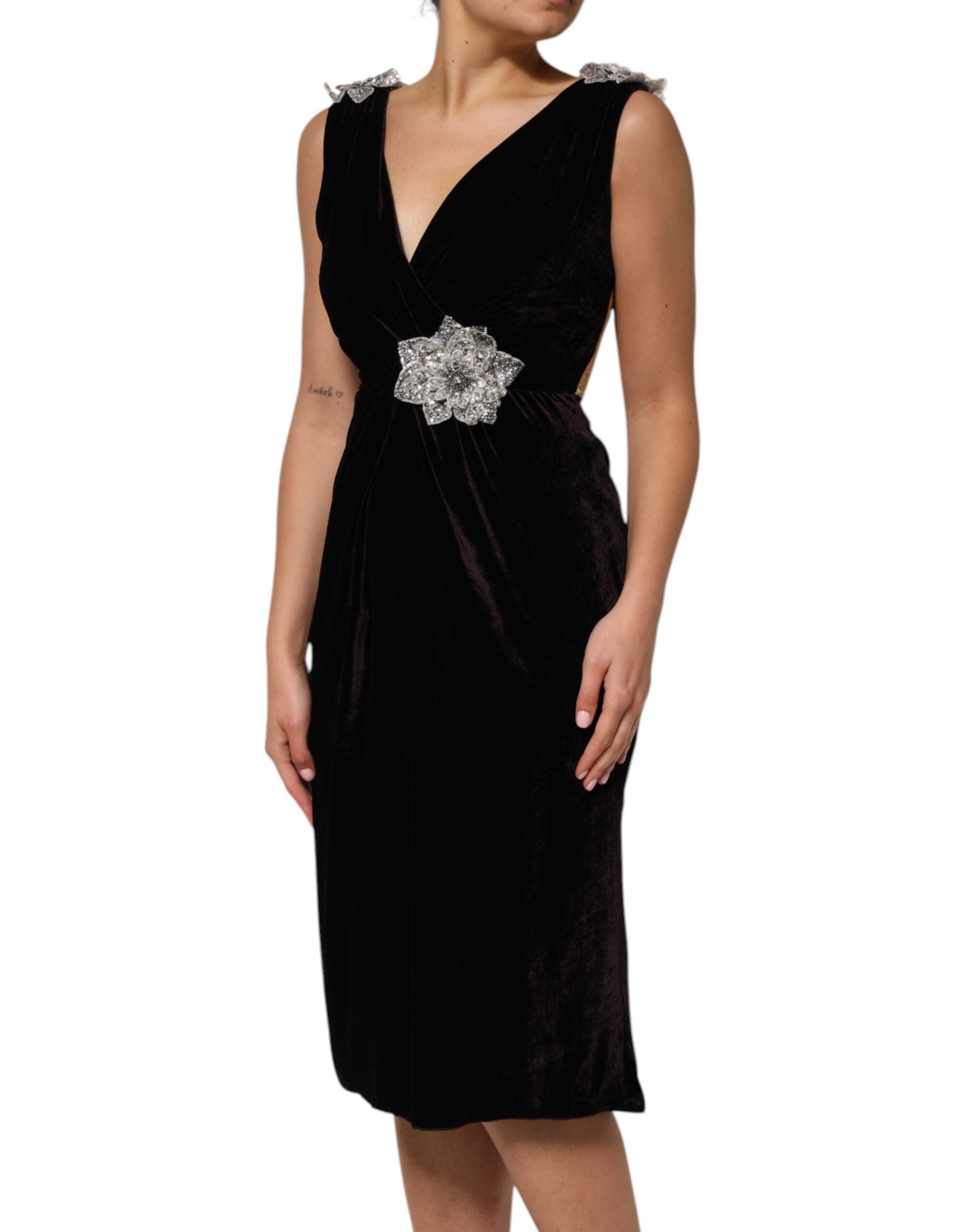 Dolce & Gabbana Black velvet dress with floral embellishment Aline-3