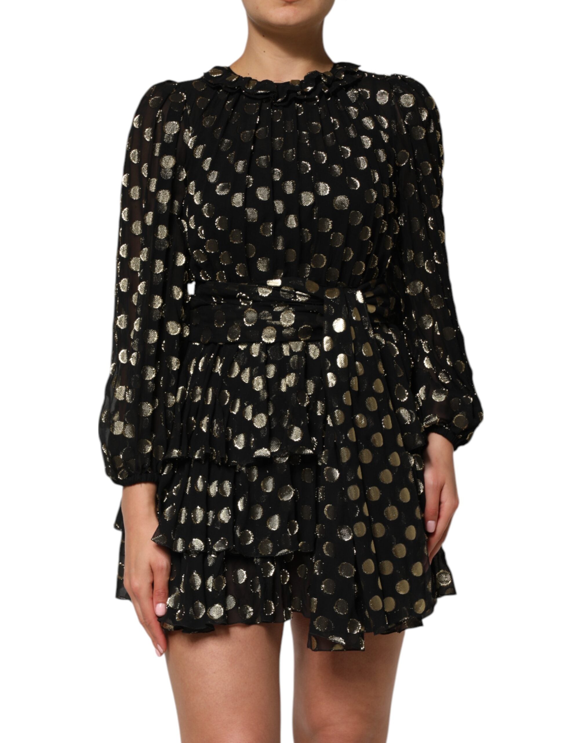 Vestido mini de lunares negros y dorados de Dolce & Gabbana en brocado de seda-1