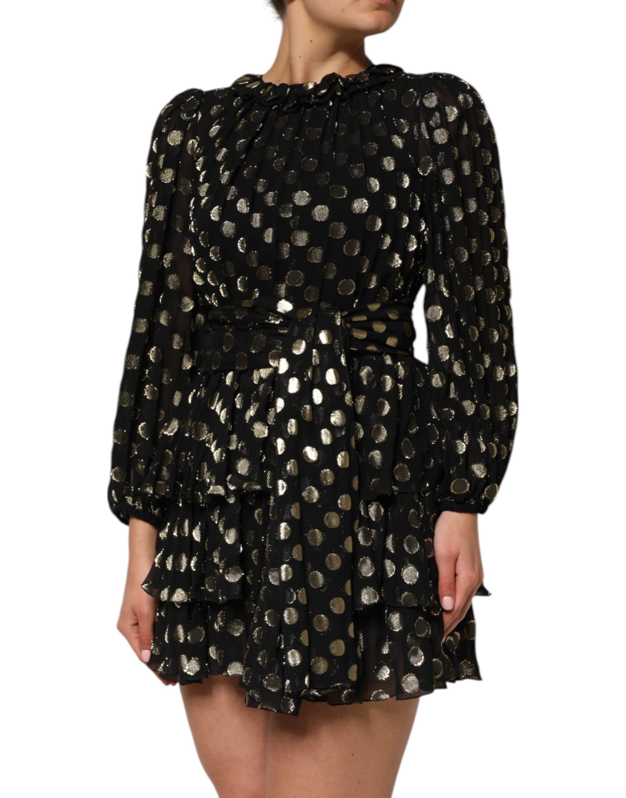 Vestido mini de lunares negros y dorados de Dolce & Gabbana en brocado de seda-3