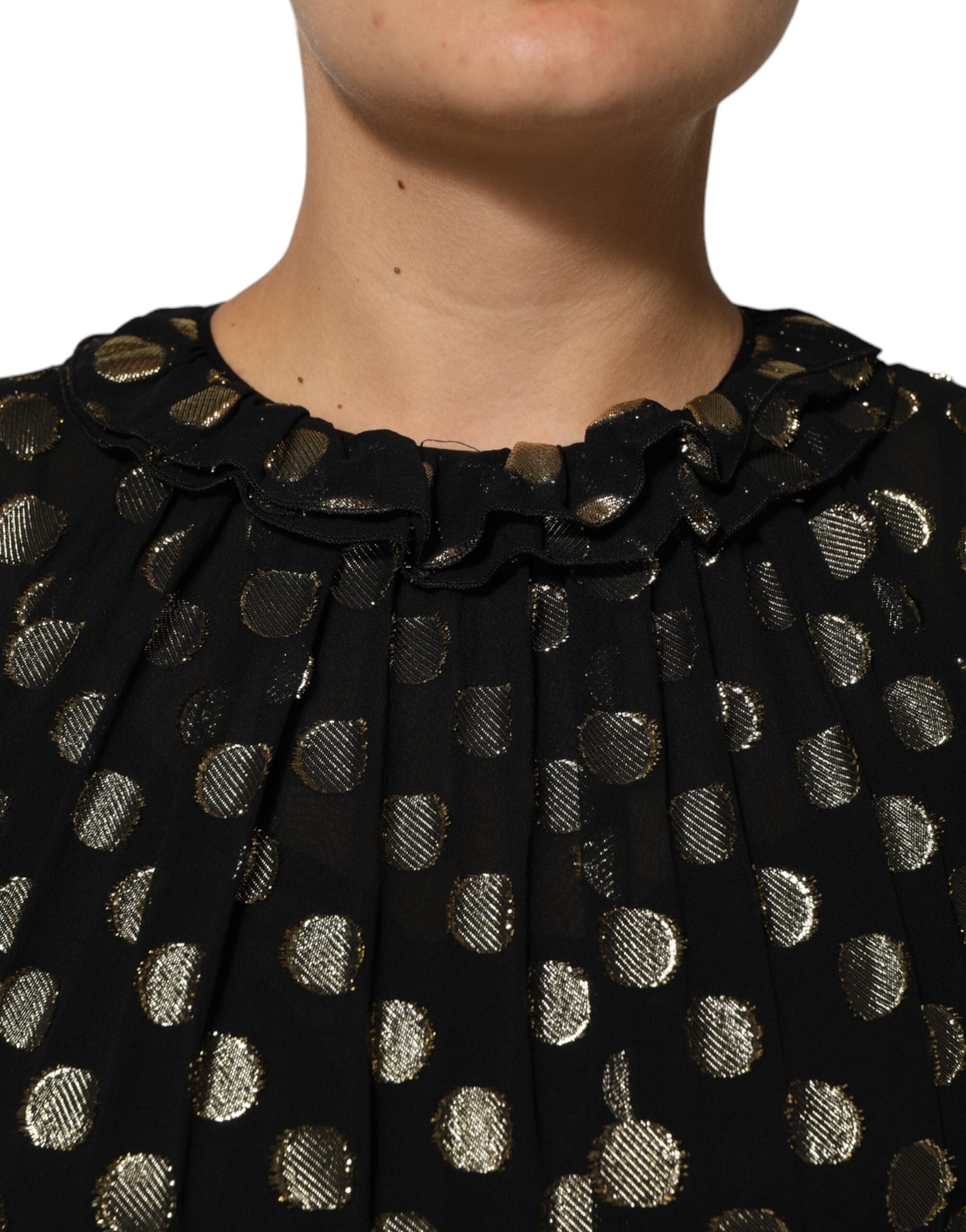 Vestido mini de lunares negros y dorados de Dolce & Gabbana en brocado de seda-5