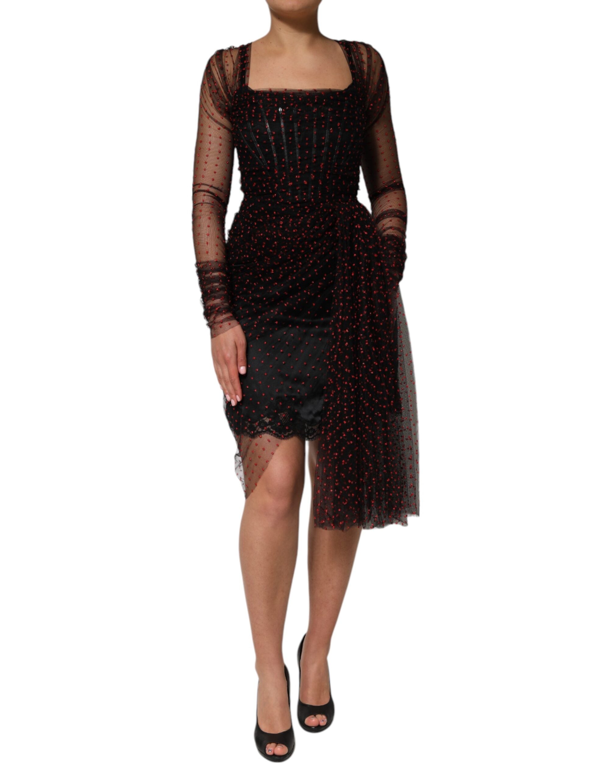 Dolce & Gabbana Black long-sleeved sheath dress with lace trim-1