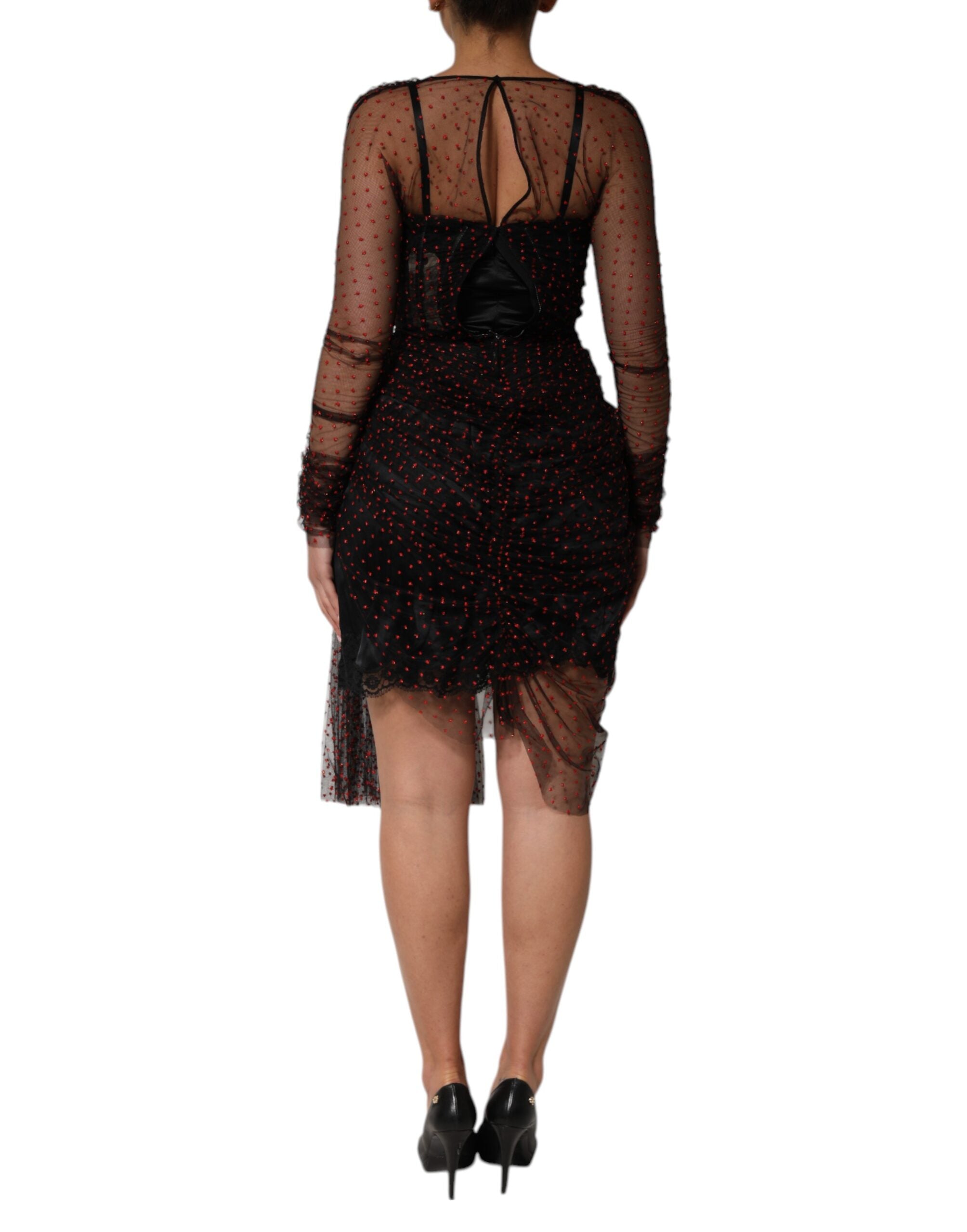 Dolce & Gabbana Black long-sleeved sheath dress with lace trim-4