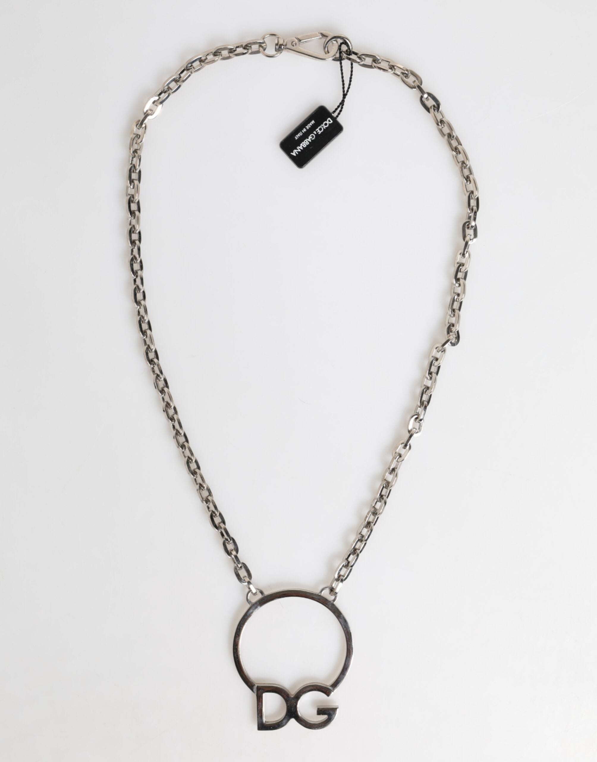 Dolce & Gabbana Silver-Tone Brass Chain DG Logo Pendant Men's Necklace-2