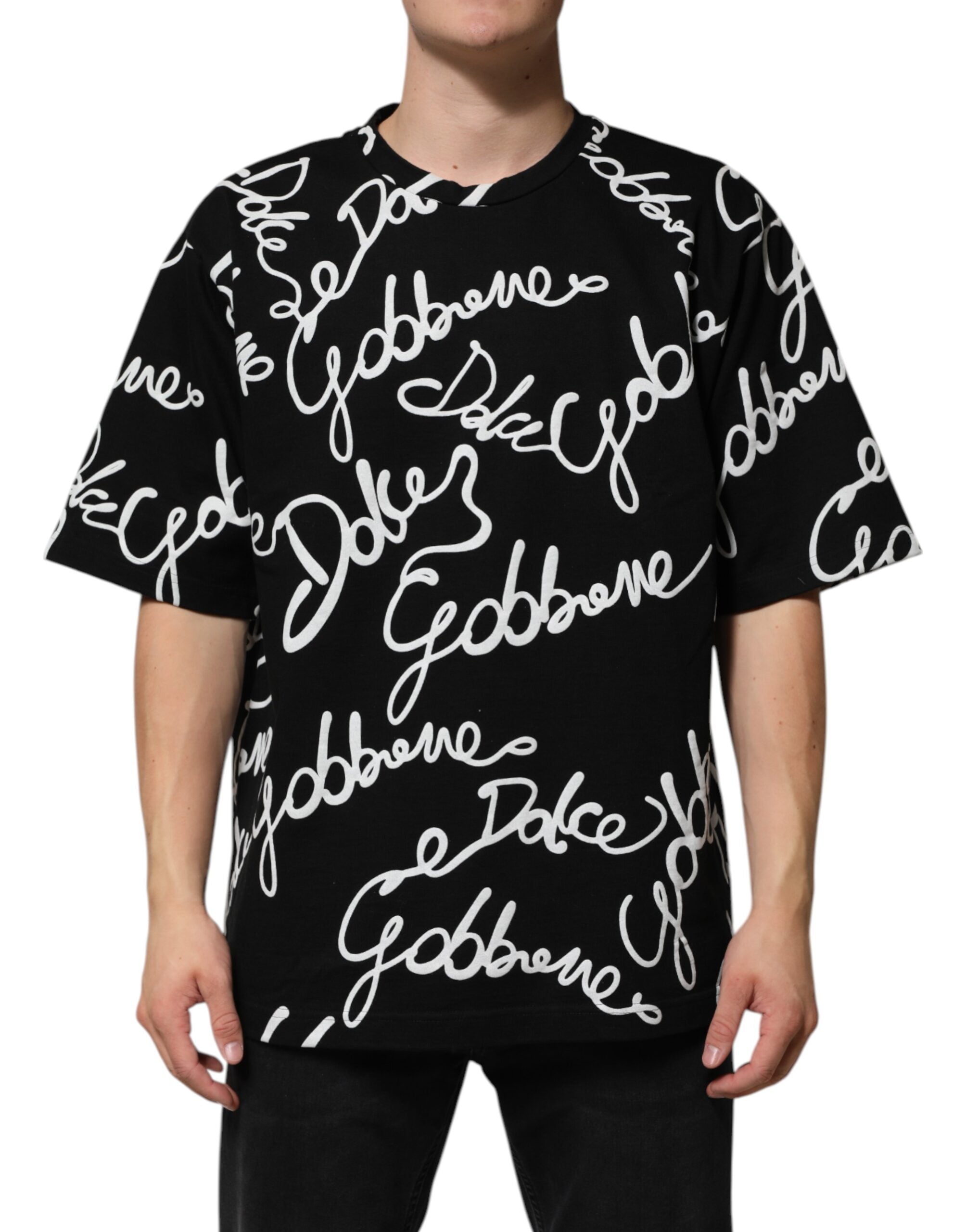 Dolce & Gabbana black T-shirt with round neck and logo print, made of cotton-2