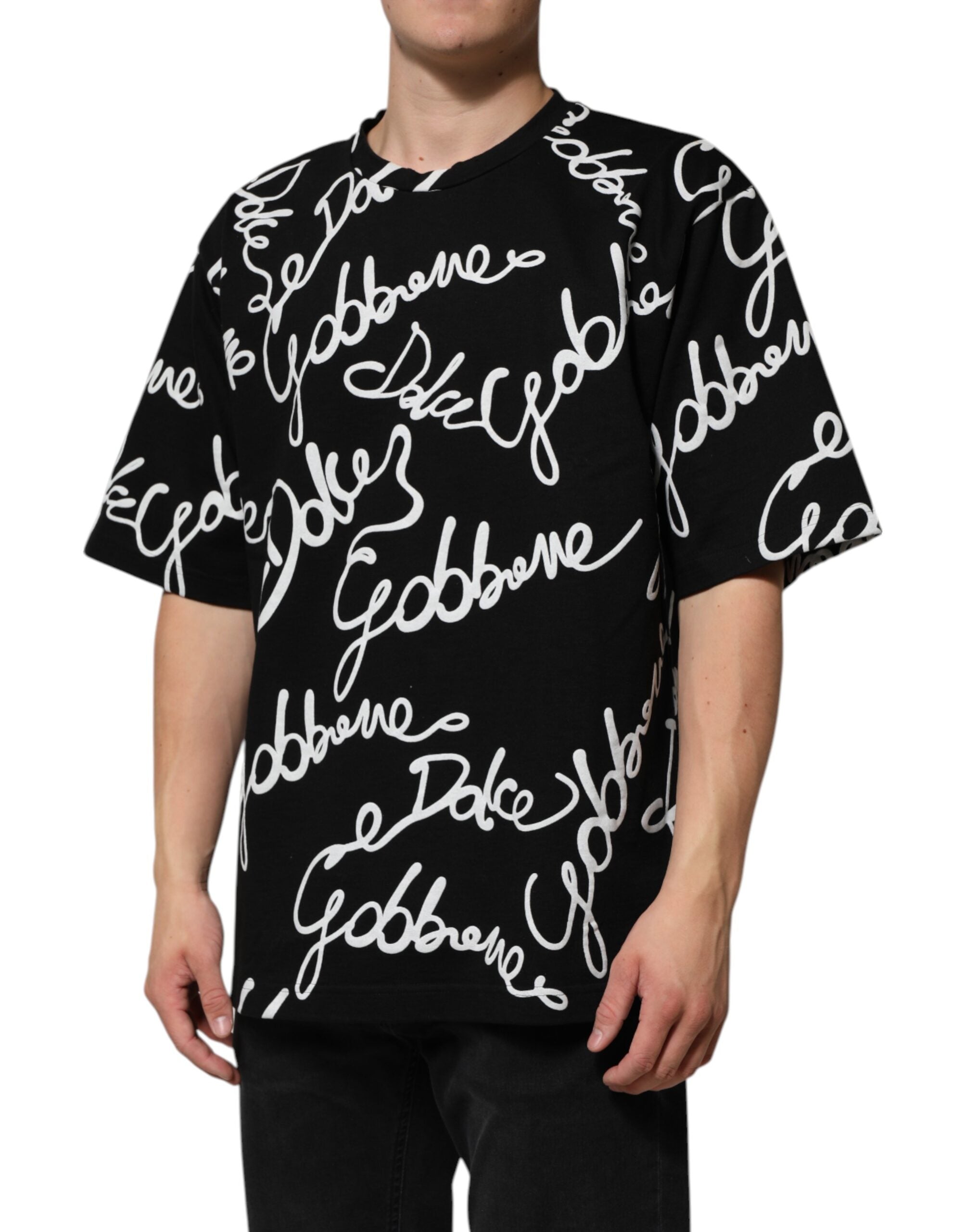 Dolce & Gabbana black T-shirt with round neck and logo print, made of cotton-3