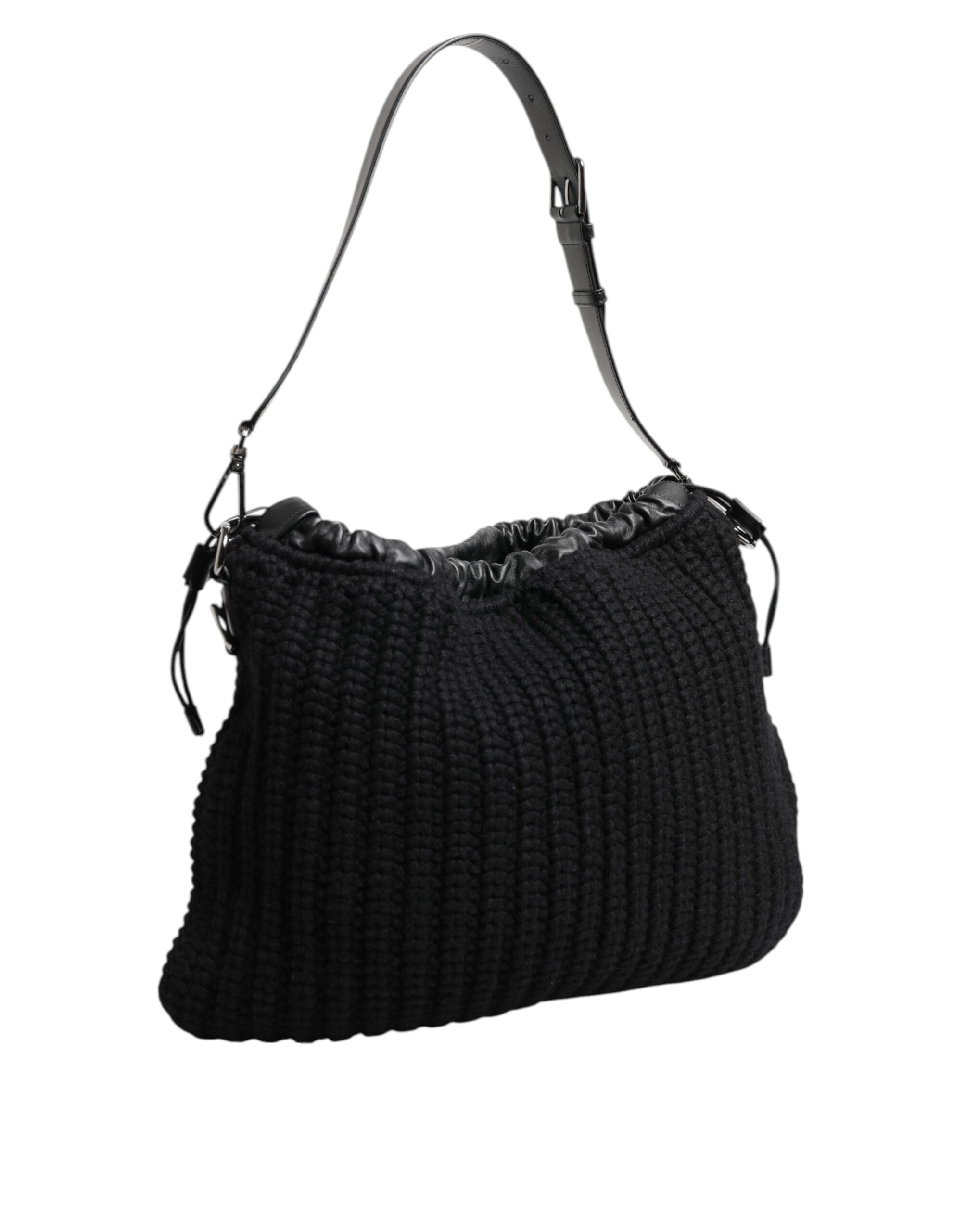 Dolce & Gabbana Black Cashmere Knitted Leather Shoulder Women's Handbag-3