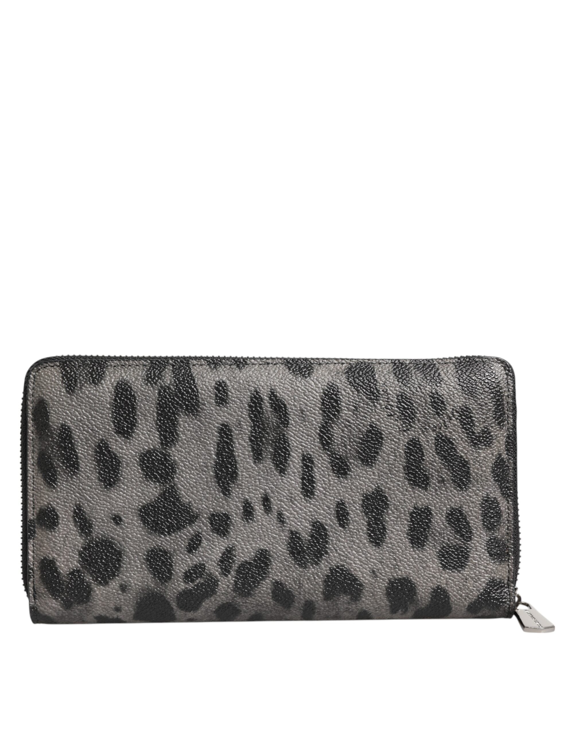 Dolce & Gabbana Black Grey Leopard Leather Zip Around Continental Wallet-4