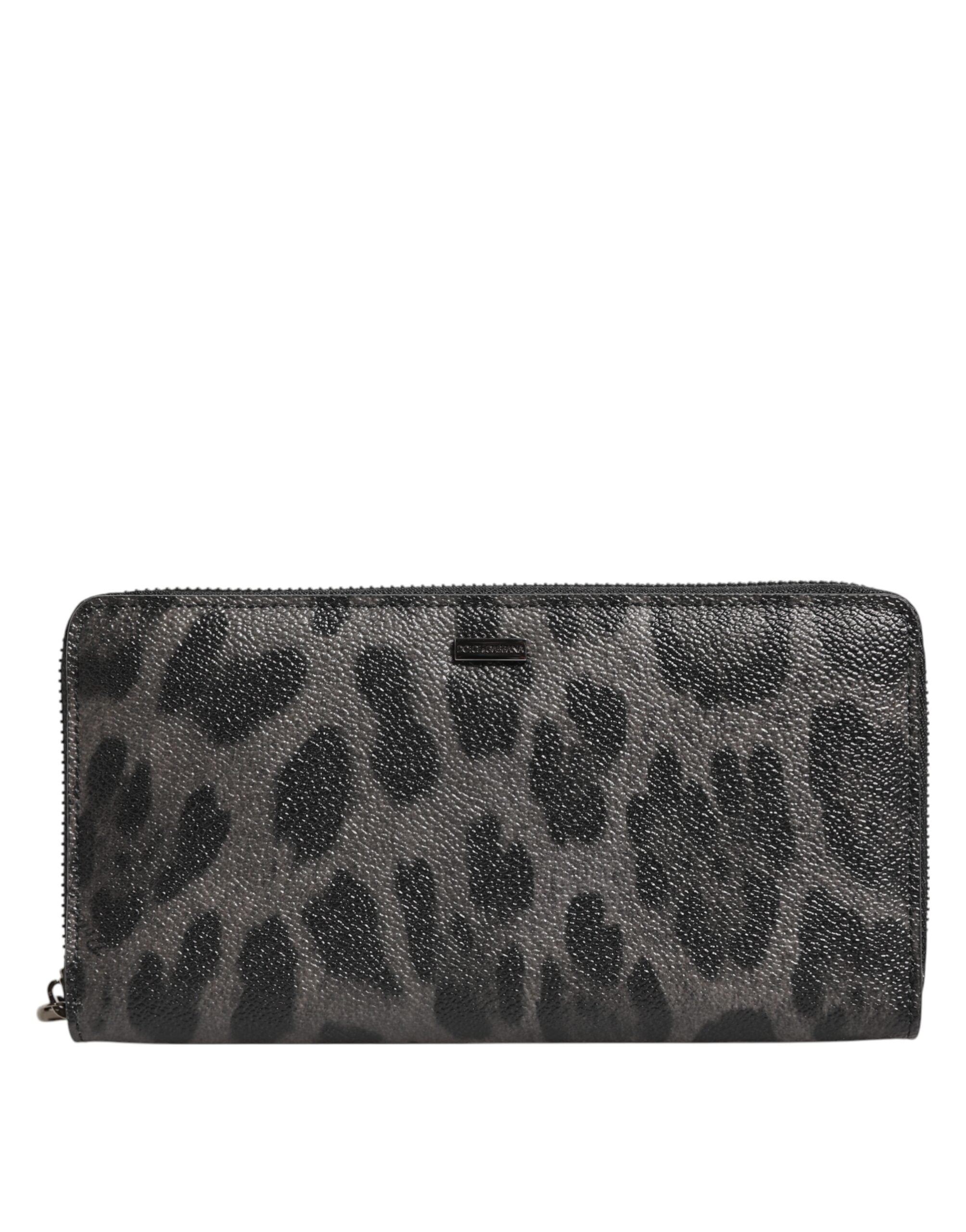 Dolce & Gabbana Black Grey Leopard Leather Zip Around Continental Wallet-2