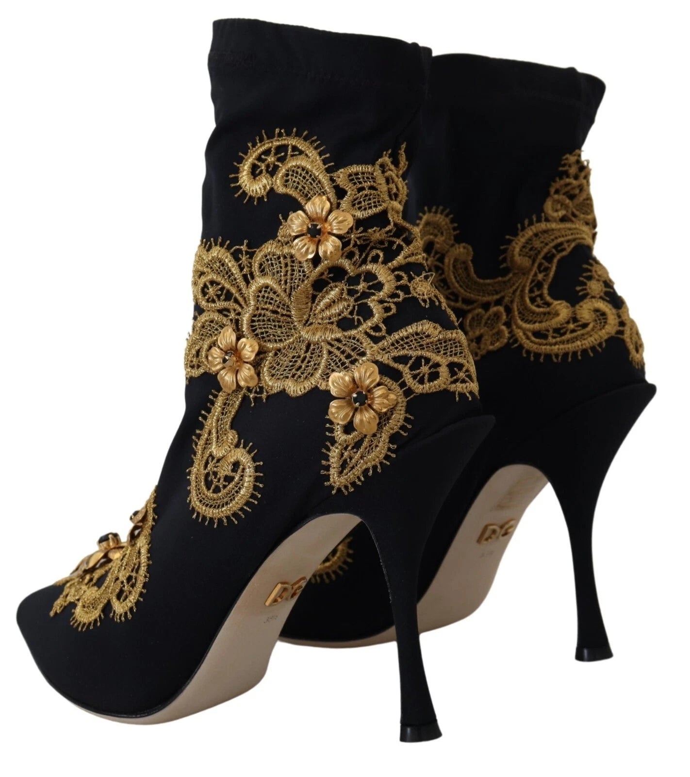 Dolce & Gabbana Schwarz Gold Stickerei Kristall Stiefel Schuhe-5