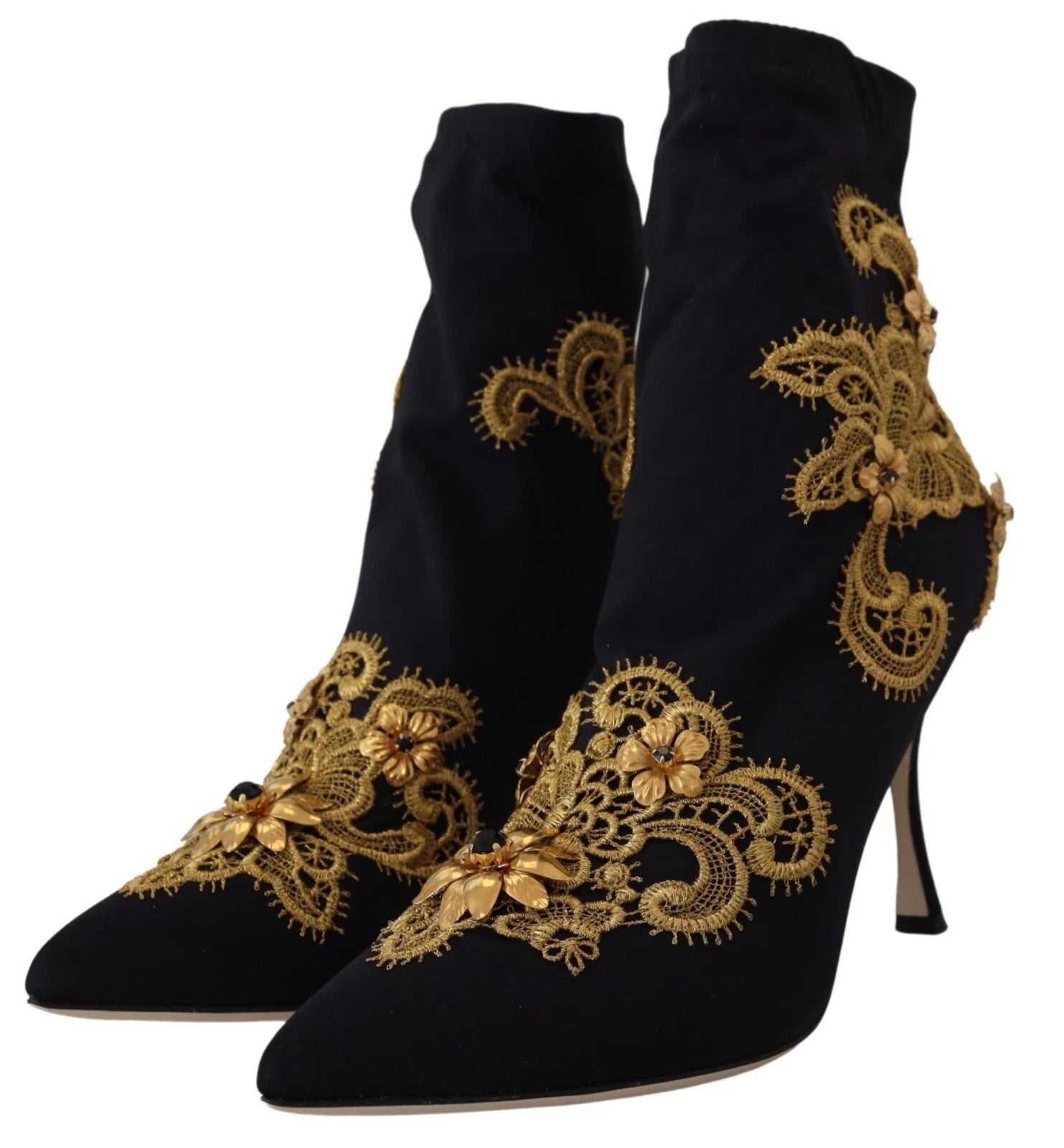 Dolce & Gabbana Schwarz Gold Stickerei Kristall Stiefel Schuhe-4