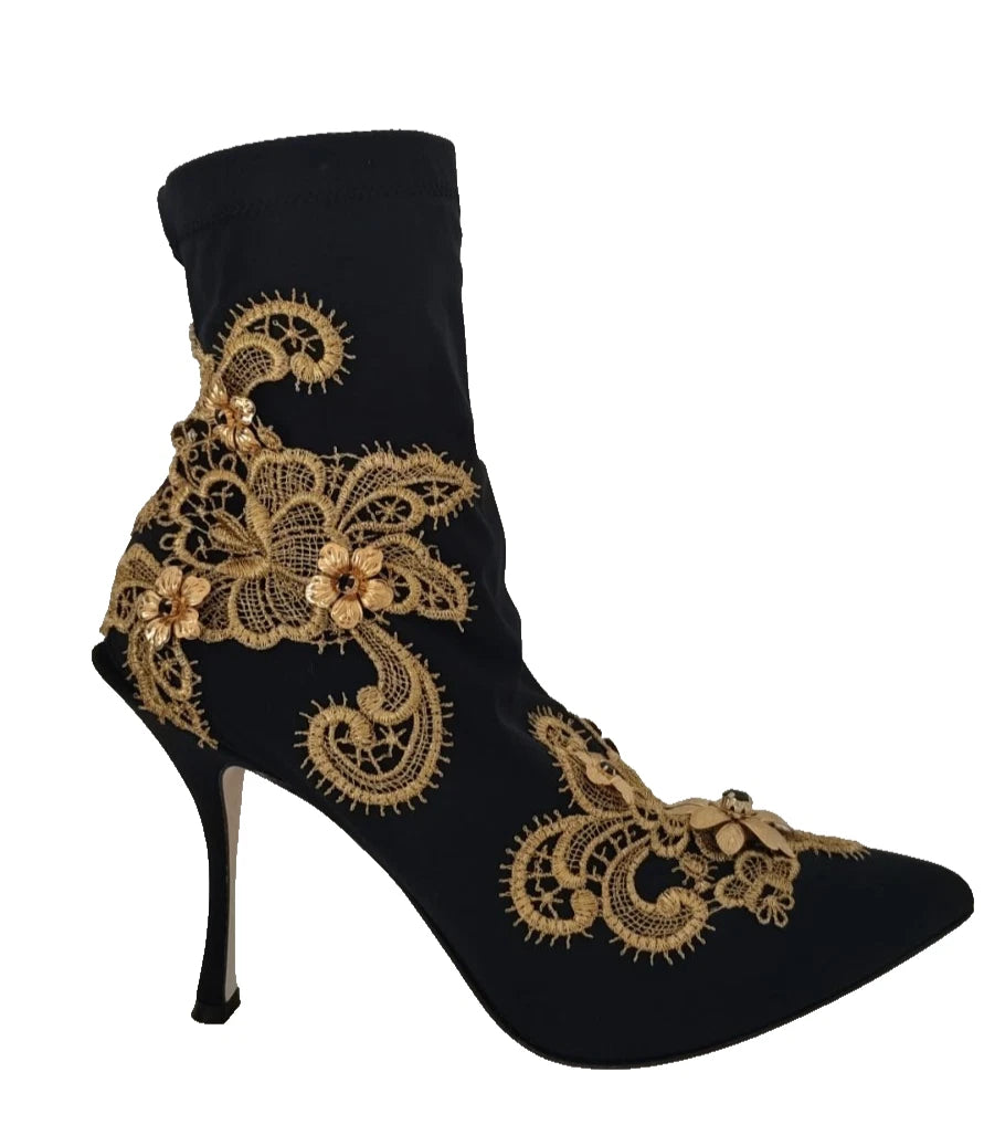 Dolce & Gabbana Schwarz Gold Stickerei Kristall Stiefel Schuhe-1