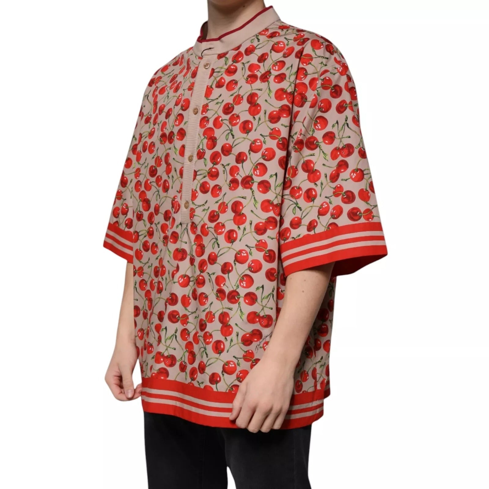 Dolce & Gabbana Beige Cherry Nylon Buttoned Casual Shirt-6