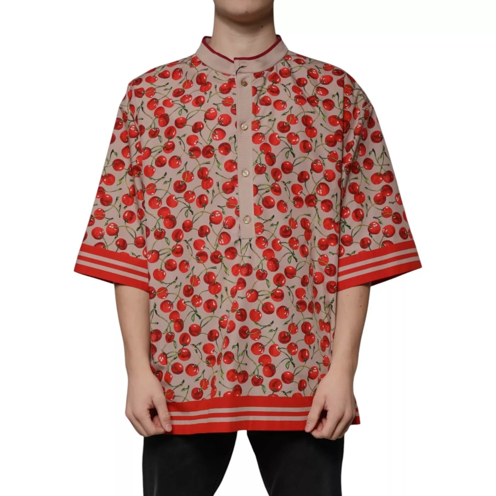 Dolce & Gabbana Beige Cherry Nylon Buttoned Casual Shirt-1
