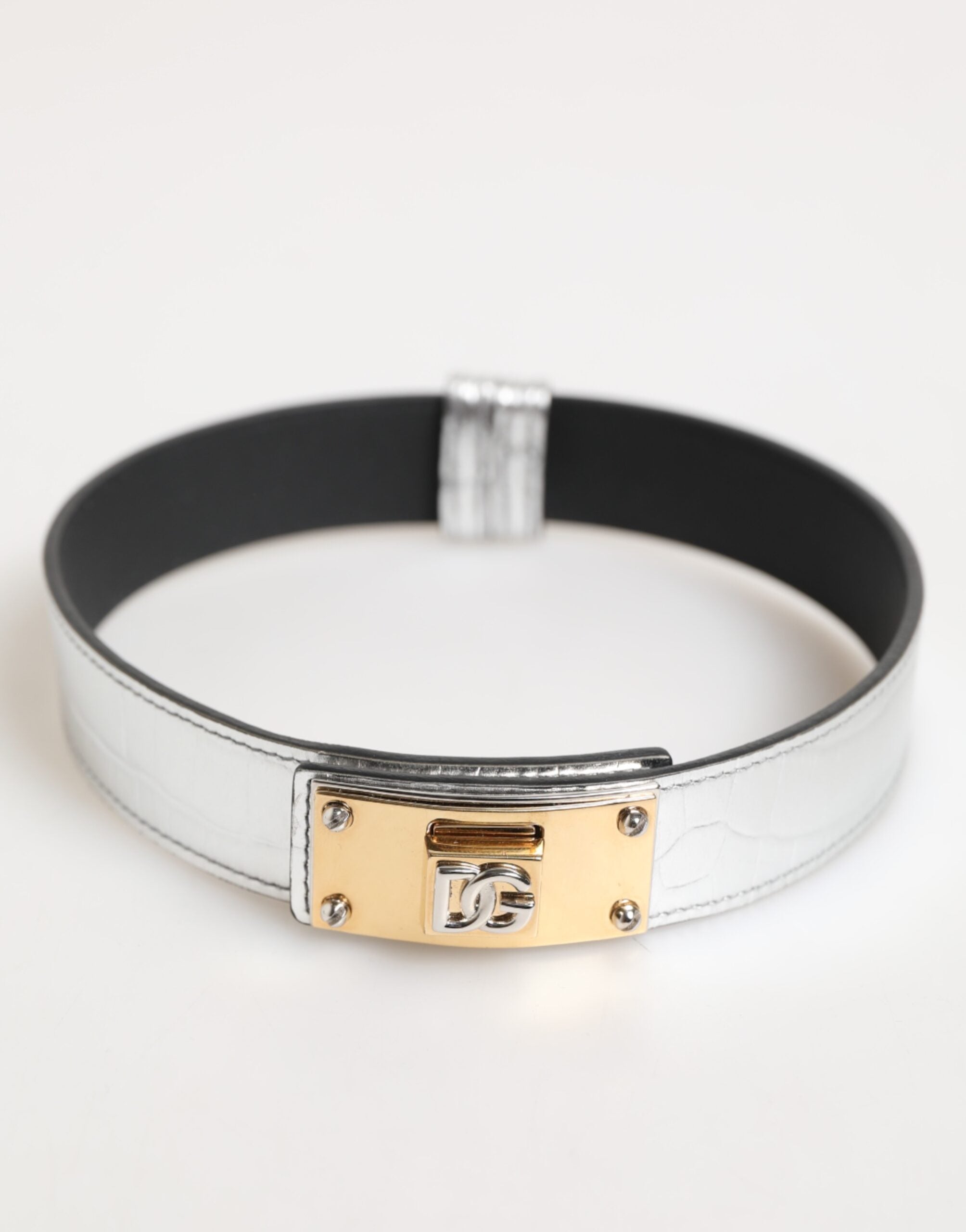 Gargantilla Dolce & Gabbana de piel texturizada plateada y metal dorado-1