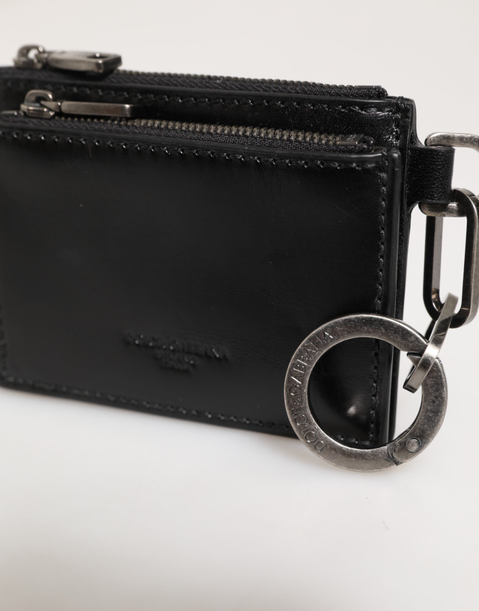 Dolce & Gabbana Schwarzes Leder Kartenhalter mit Reißverschluss Münzgeldbörse Schlüsselanhänger Geldbörse-3
