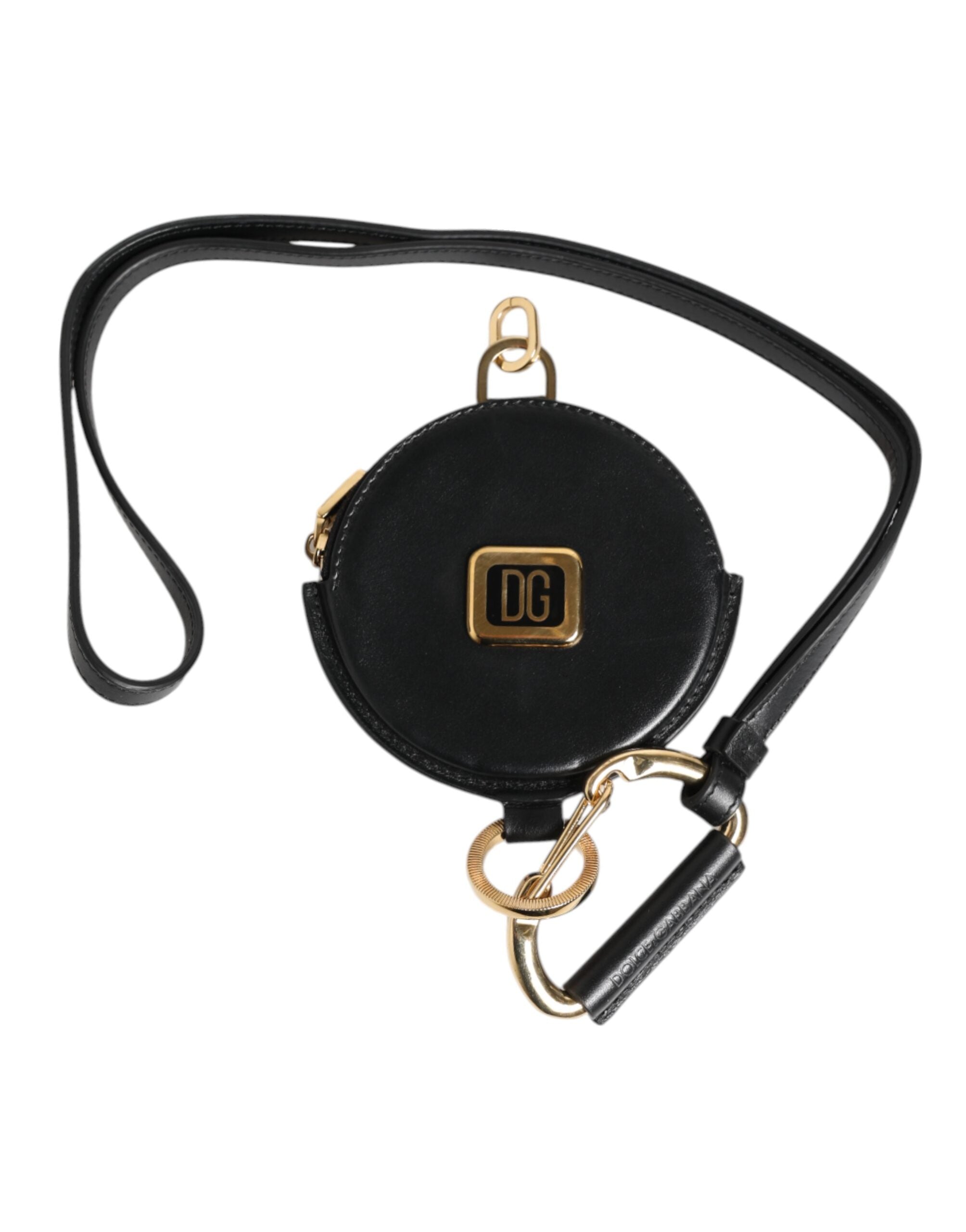 Dolce & Gabbana Black Round Leather DG Logo Coin Purse Lanyard Wallet-2